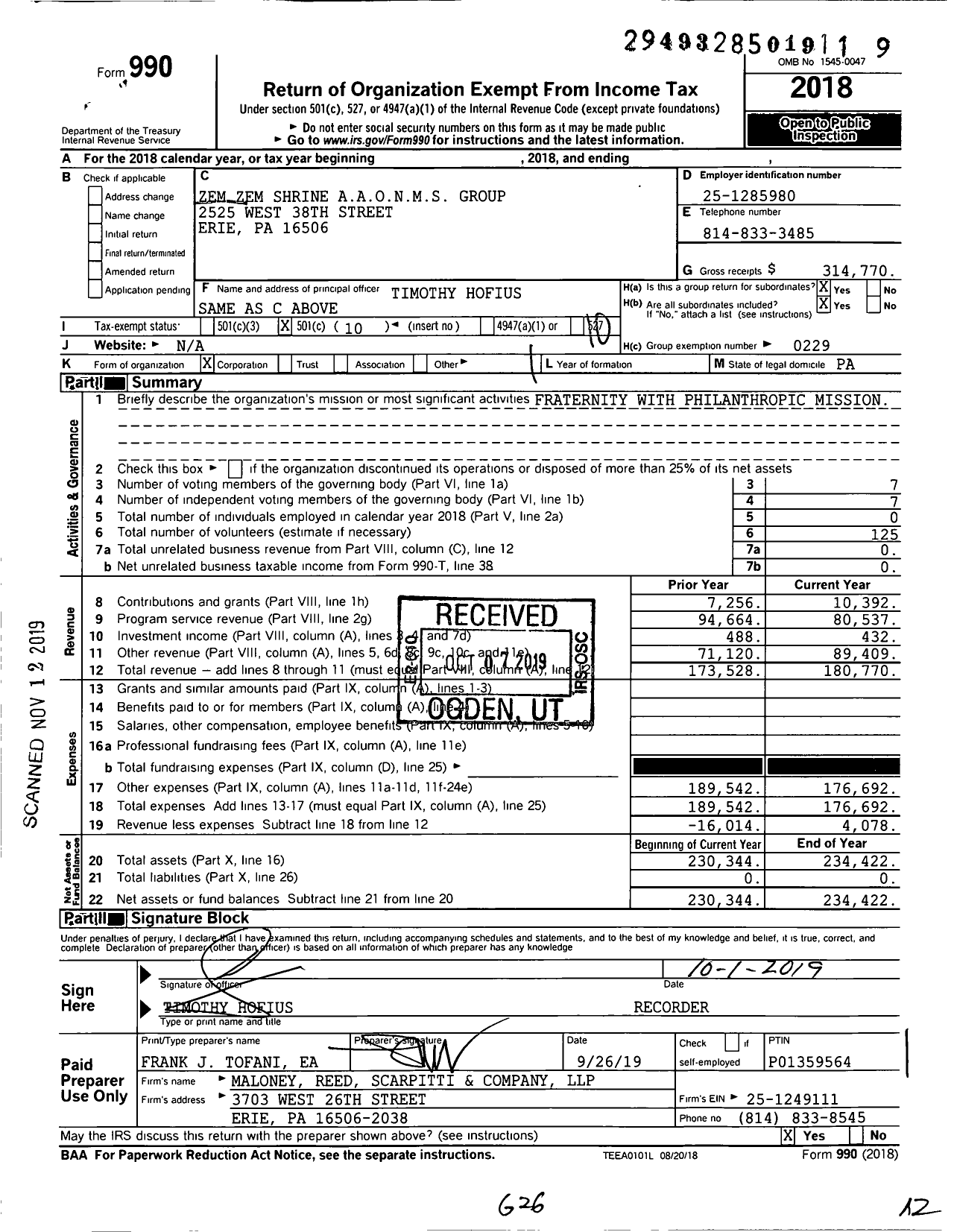 Image of first page of 2018 Form 990O for Zem Zem Shrine A A O N M S Group