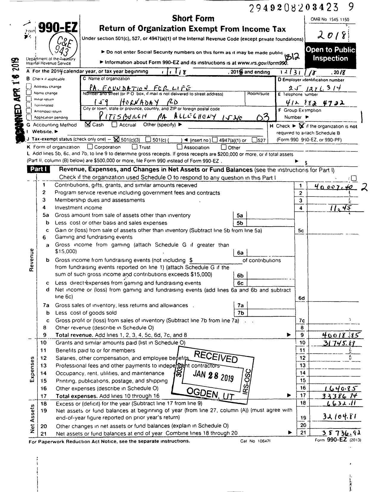 Image of first page of 2018 Form 990EZ for Pennsylvania Foundation for Life