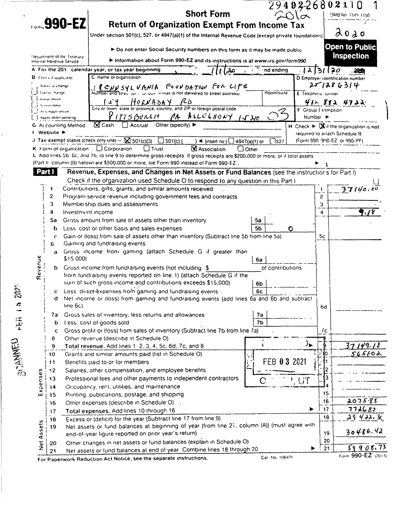 Image of first page of 2020 Form 990EZ for Pennsylvania Foundation for Life
