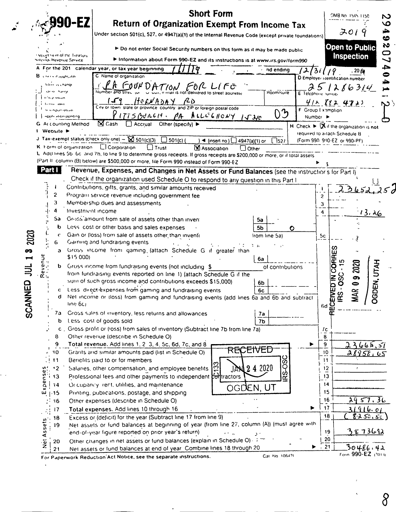 Image of first page of 2019 Form 990EZ for Pennsylvania Foundation for Life