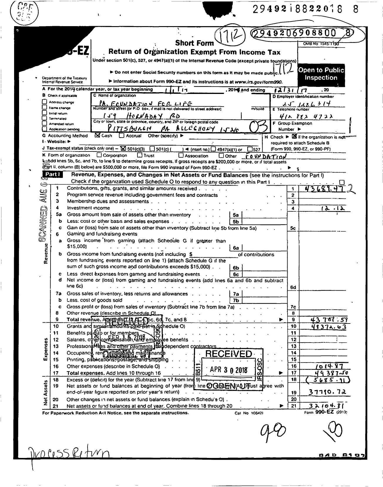 Image of first page of 2017 Form 990EZ for Pennsylvania Foundation for Life
