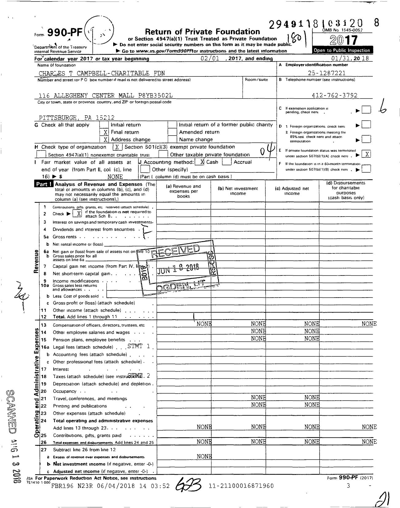 Image of first page of 2017 Form 990PF for Charles T Campbell-Charitable Foundation