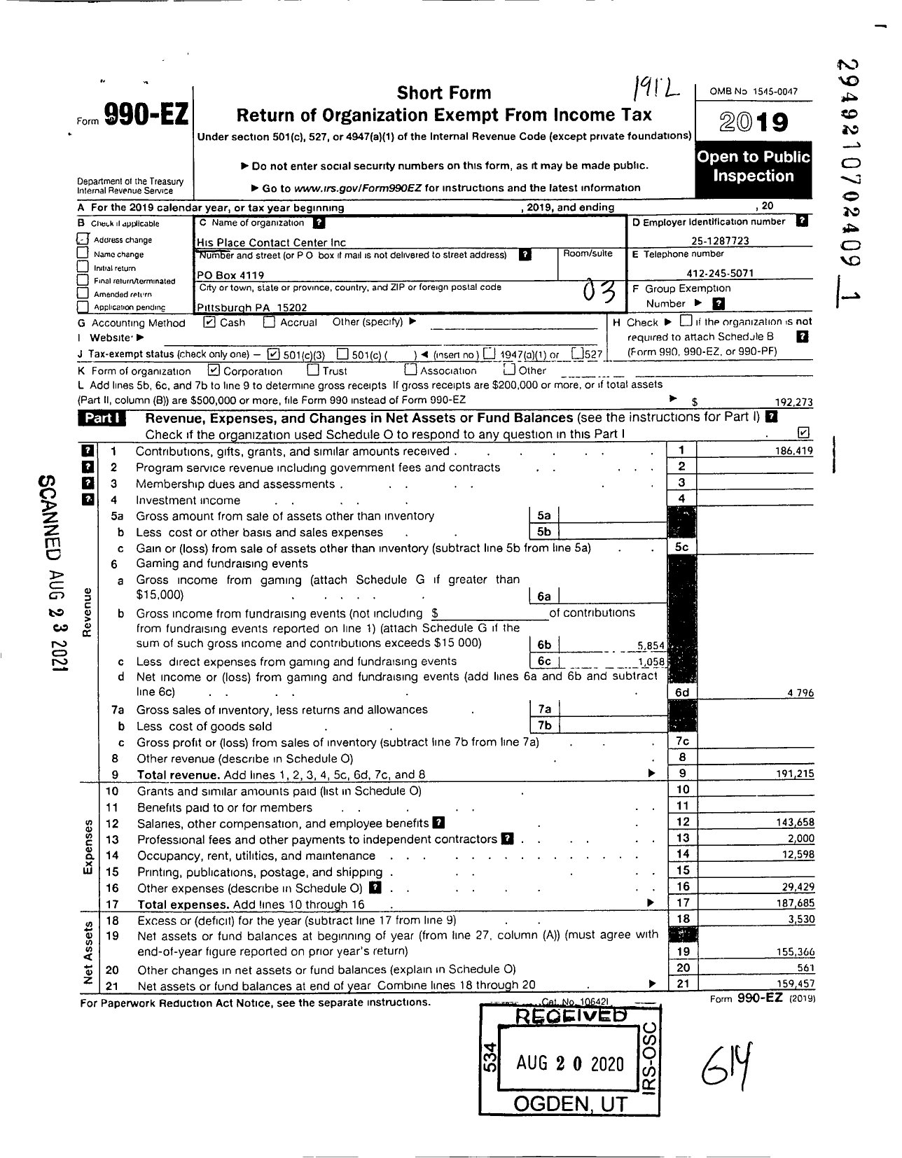 Image of first page of 2019 Form 990EZ for His Place Ministries / His Place Contact Center