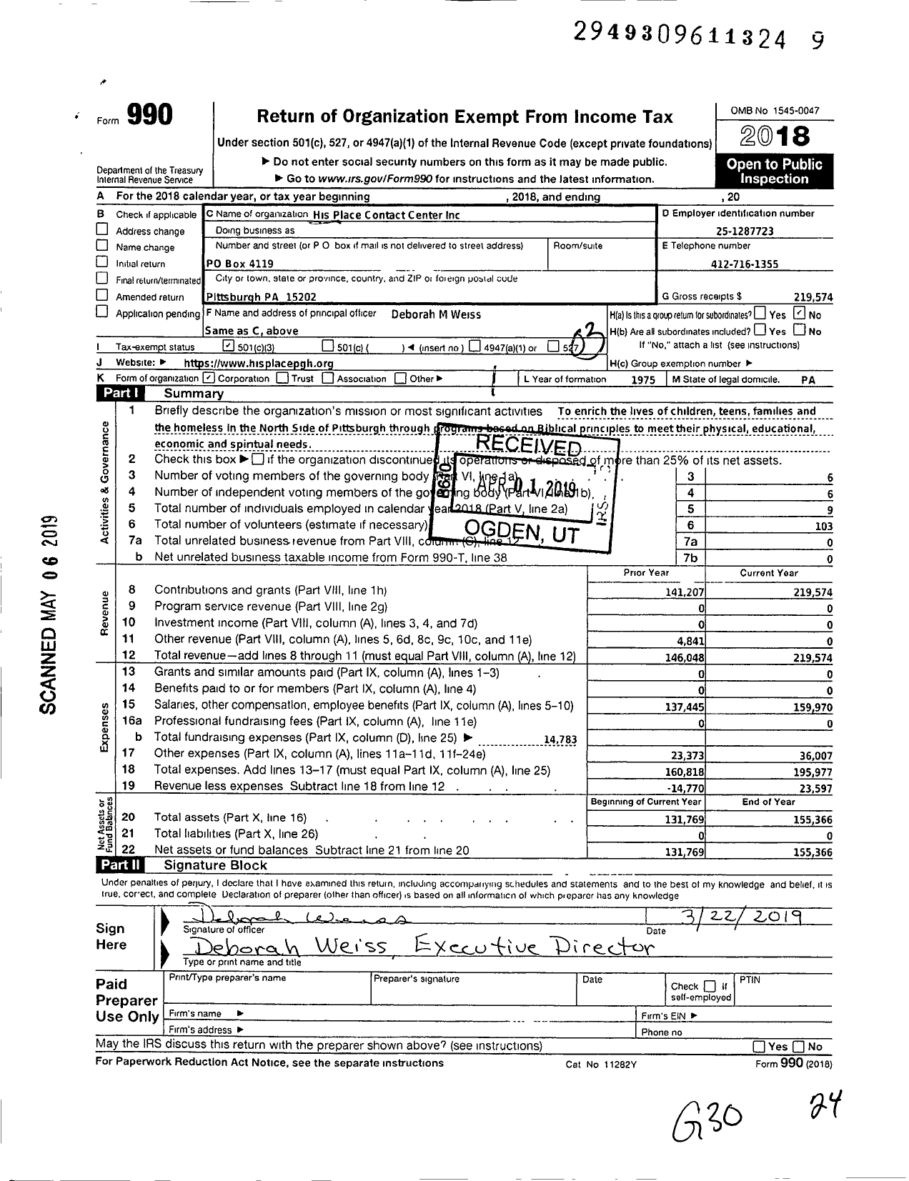 Image of first page of 2018 Form 990 for His Place Ministries / His Place Contact Center