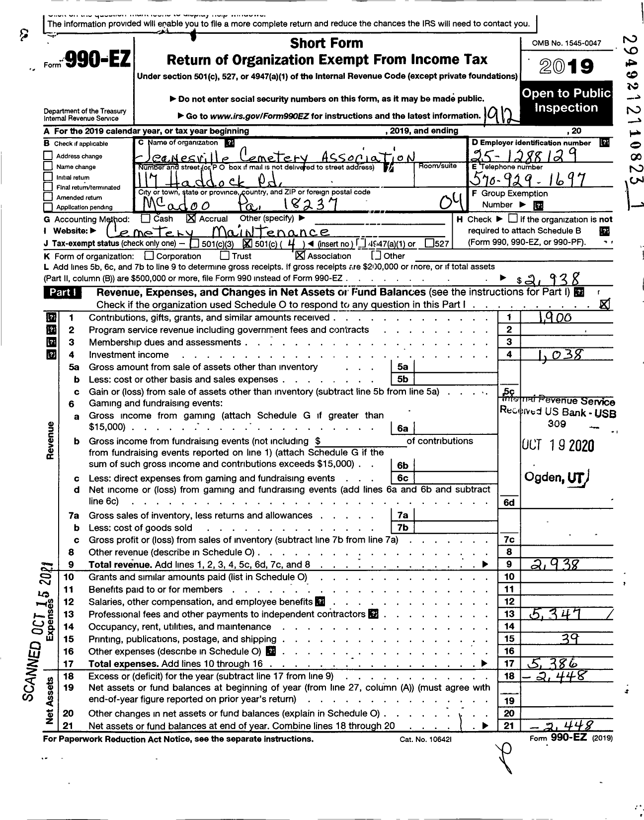 Image of first page of 2019 Form 990EO for Jeanesville Cemetery Association