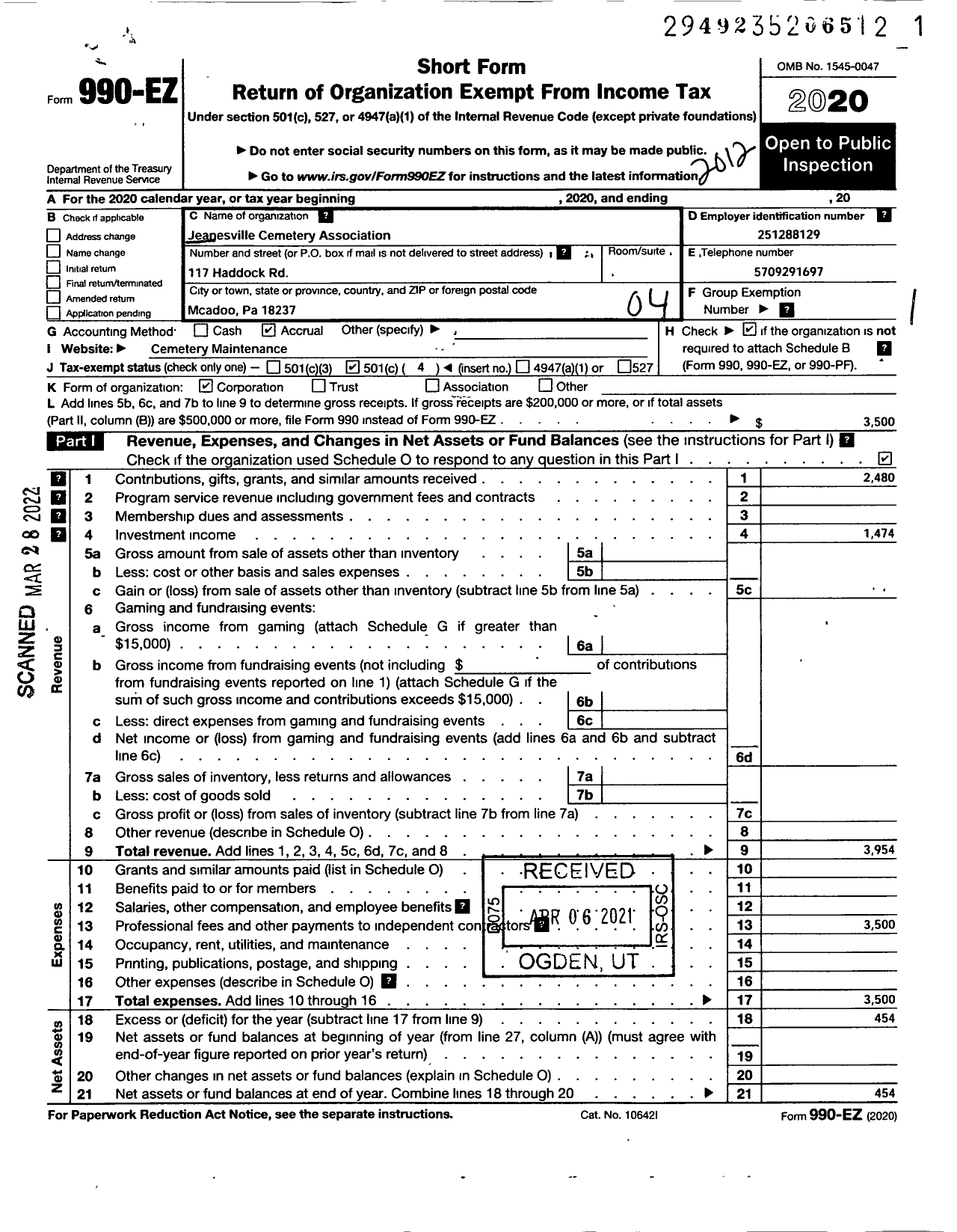 Image of first page of 2020 Form 990EO for Jeanesville Cemetery Association