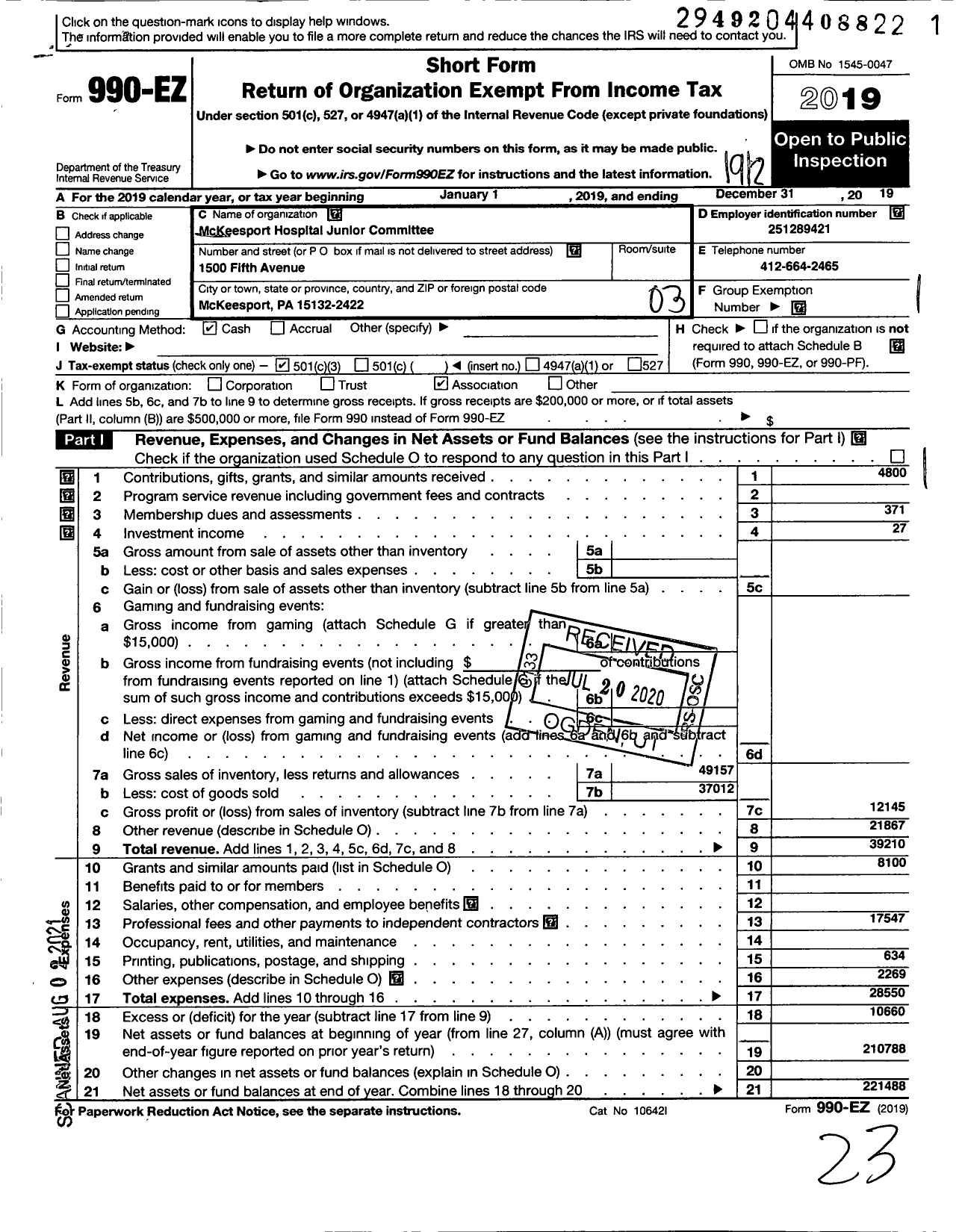 Image of first page of 2019 Form 990EZ for Mckeesport Hospital Junior Committee