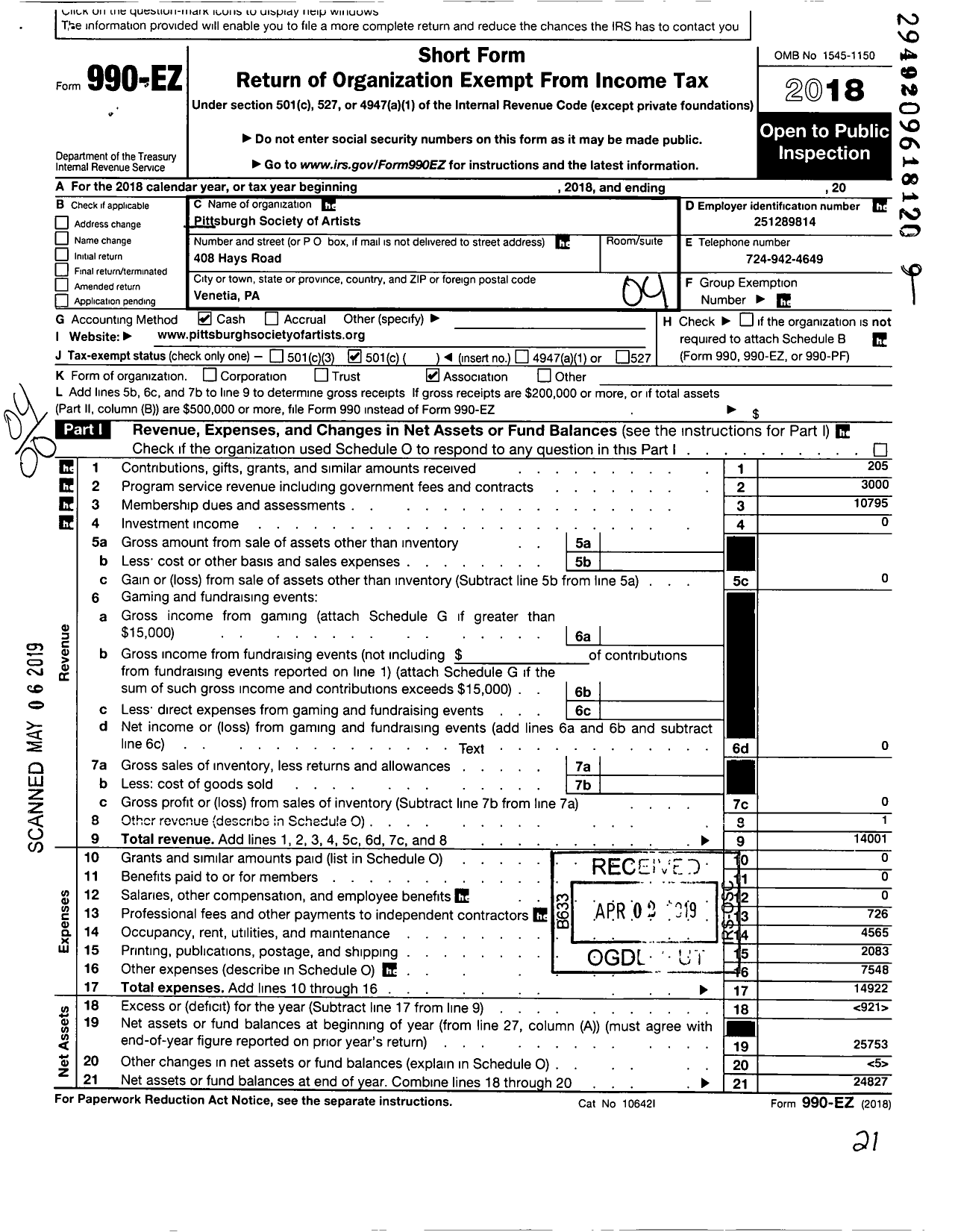 Image of first page of 2018 Form 990EO for Pittsburgh Society of Artists