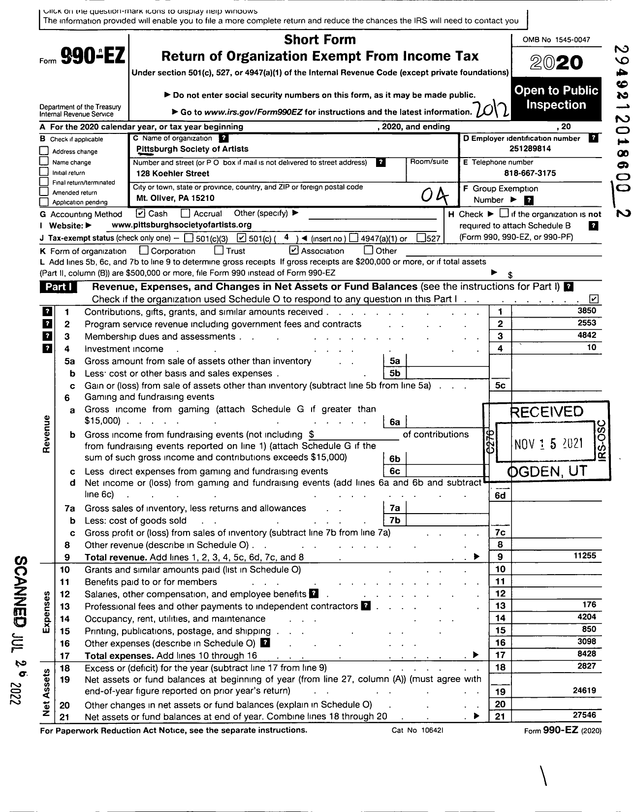 Image of first page of 2020 Form 990EO for Pittsburgh Society of Artists