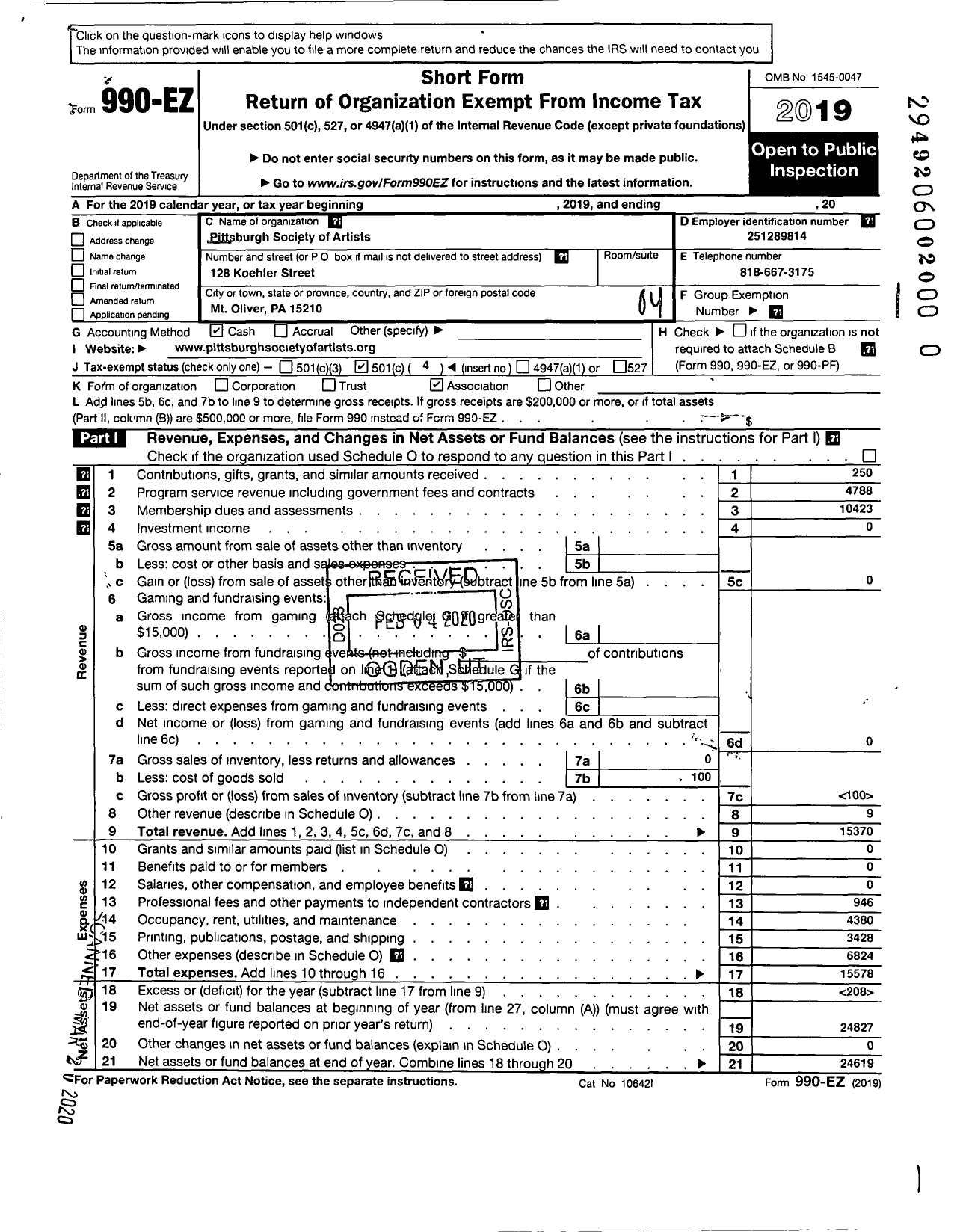 Image of first page of 2019 Form 990EO for Pittsburgh Society of Artists