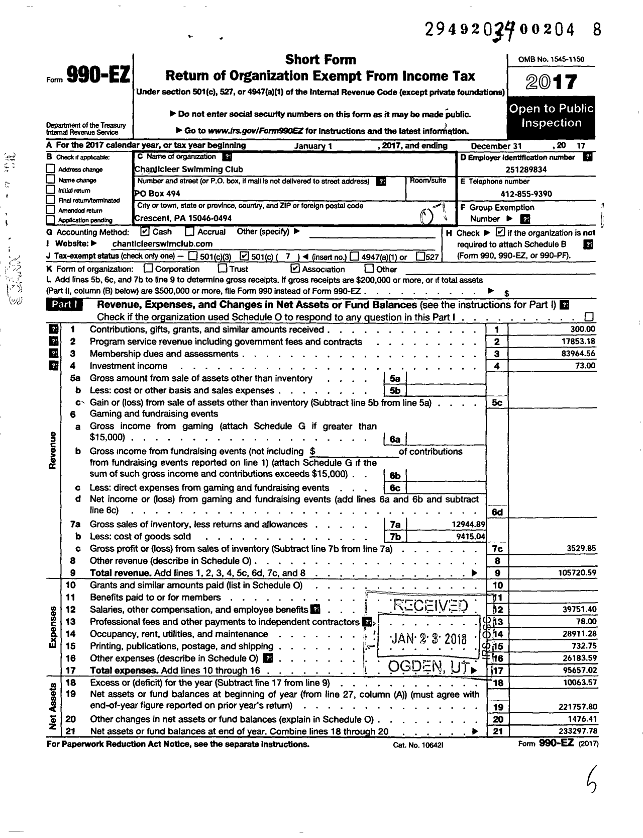 Image of first page of 2017 Form 990EO for Chanticleer Swimming Club