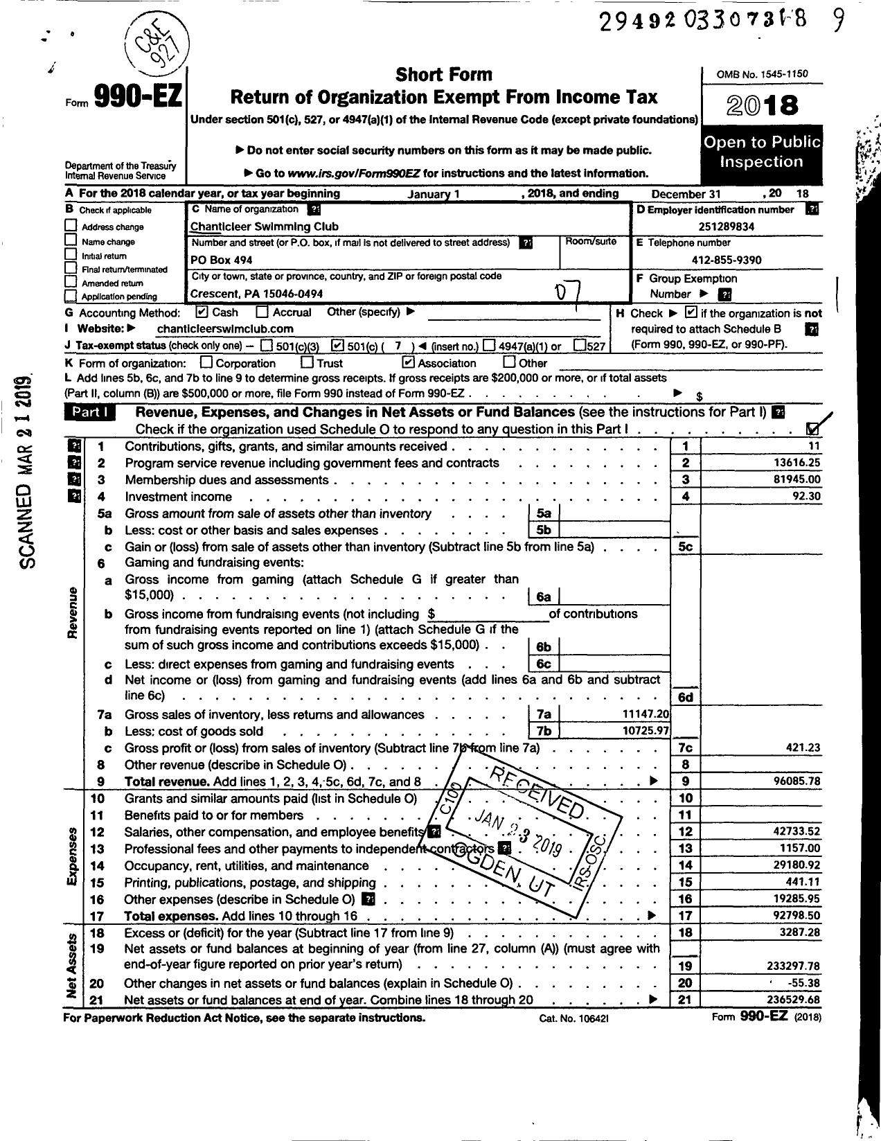 Image of first page of 2018 Form 990EO for Chanticleer Swimming Club