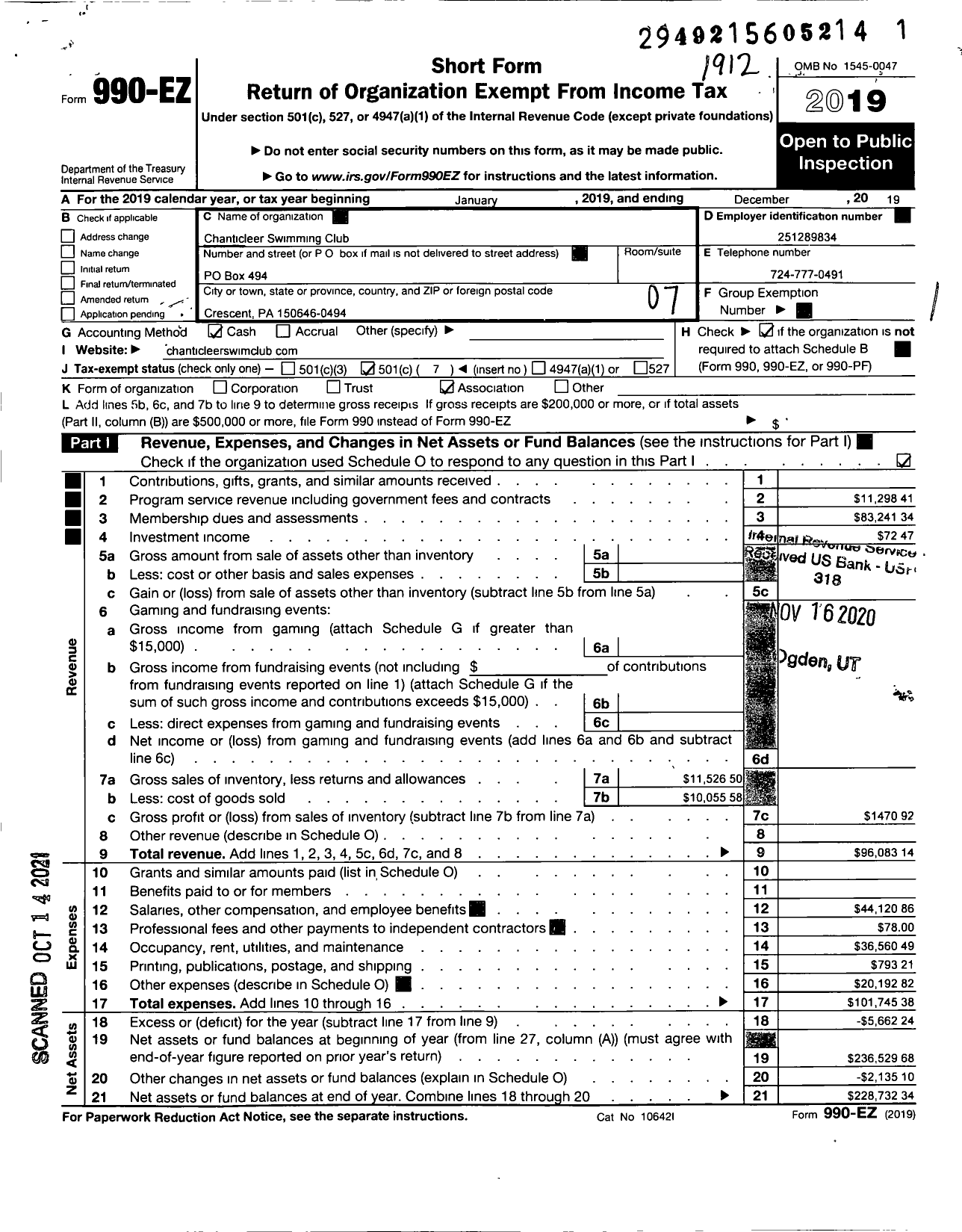 Image of first page of 2019 Form 990EO for Chanticleer Swimming Club