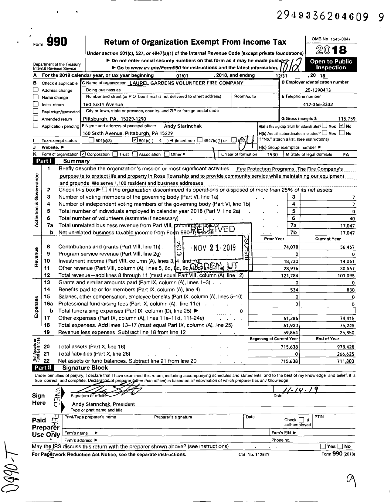 Image of first page of 2018 Form 990O for Laurel Gardens Volunteer Fire Company