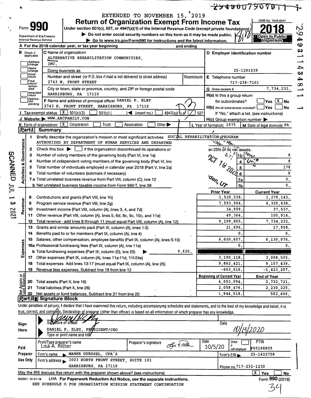 Image of first page of 2018 Form 990 for Alternative Rehabilitation Communities (ARC)