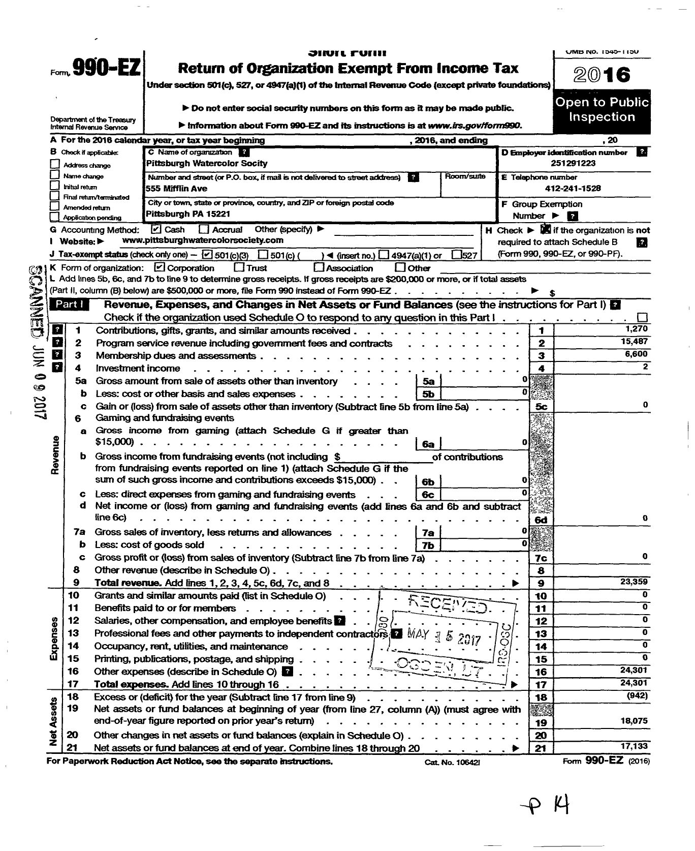 Image of first page of 2016 Form 990EZ for Pittsburgh Watercolor Society