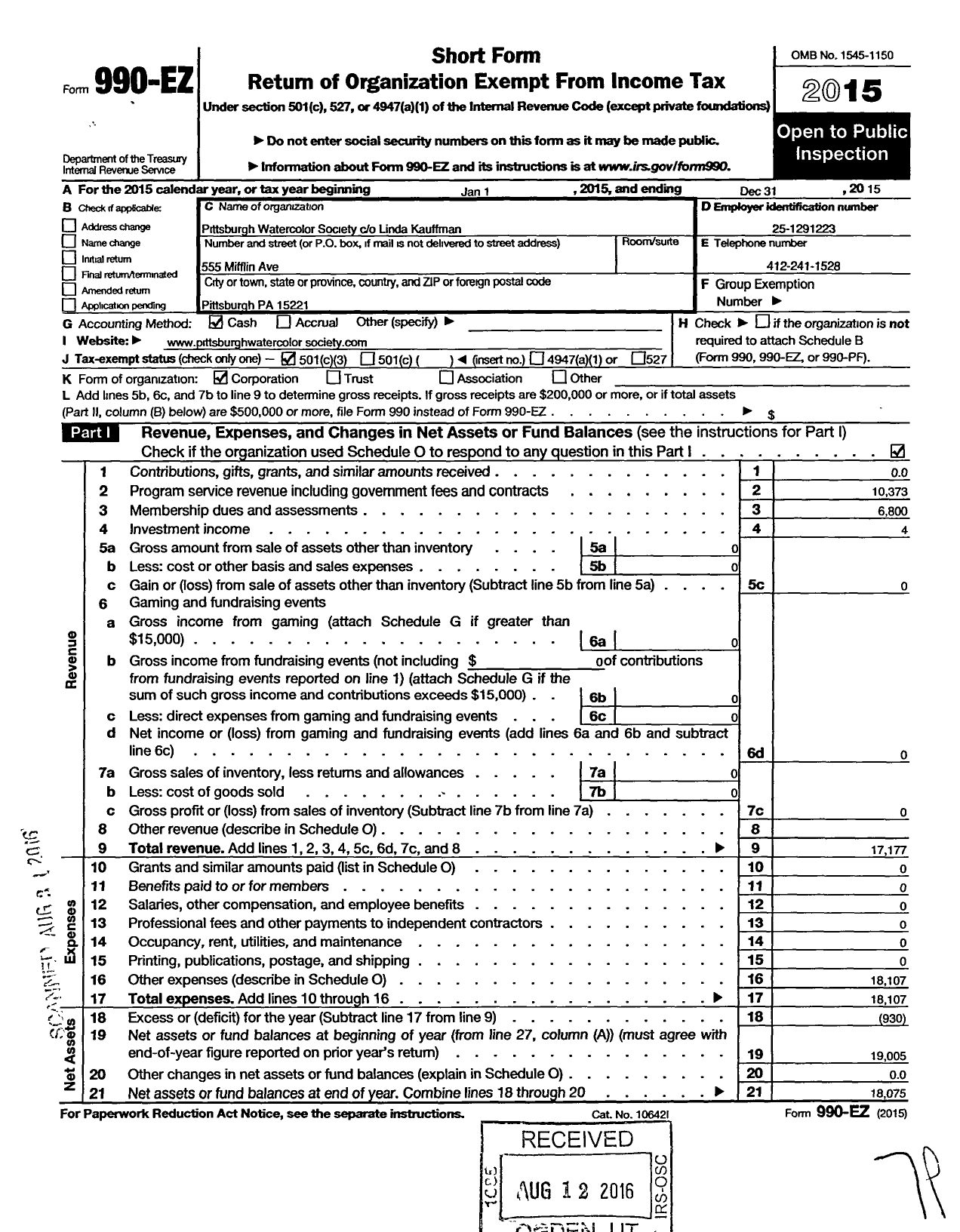 Image of first page of 2015 Form 990EZ for Pittsburgh Watercolor Society