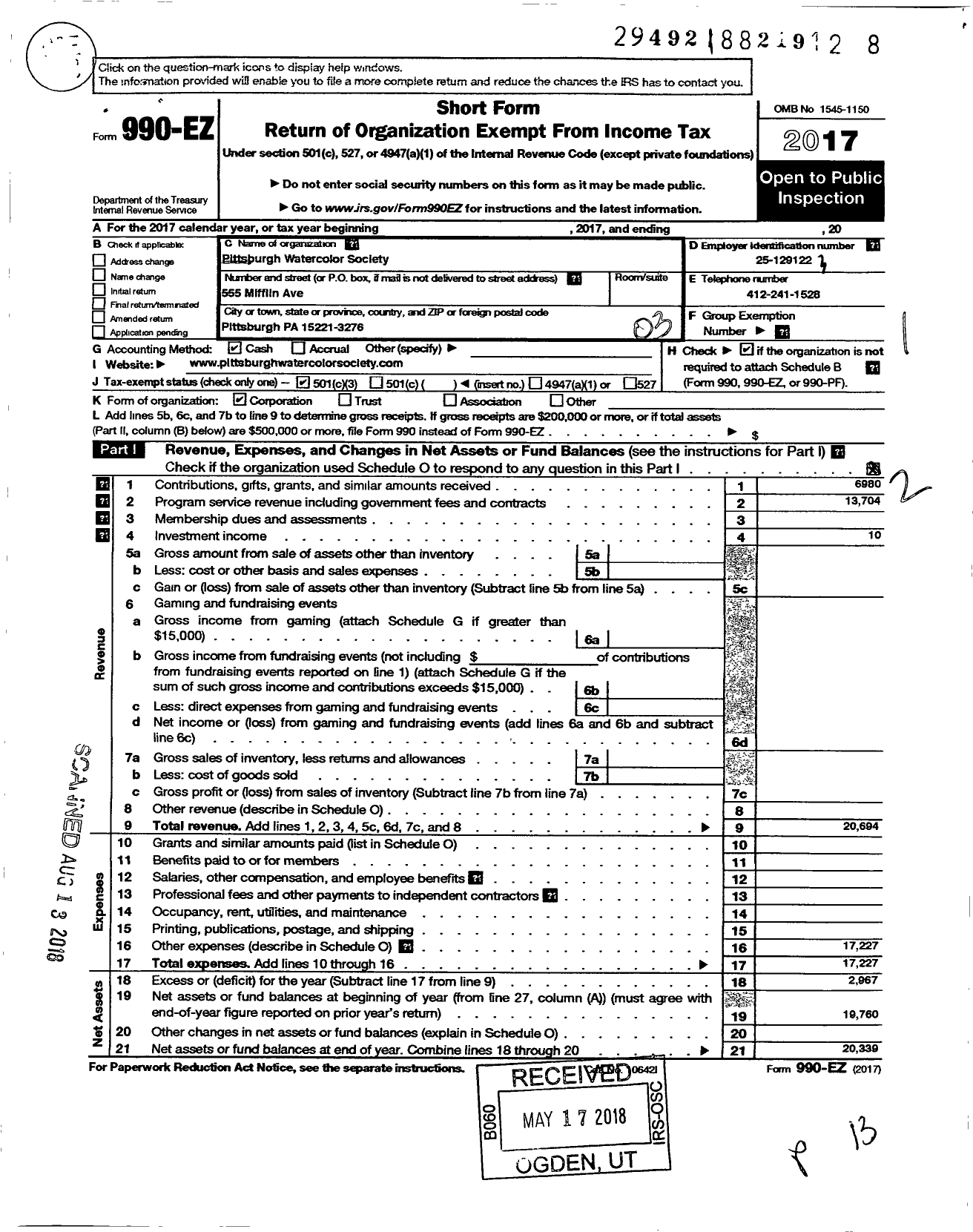 Image of first page of 2017 Form 990EZ for Pittsburgh Watercolor Society