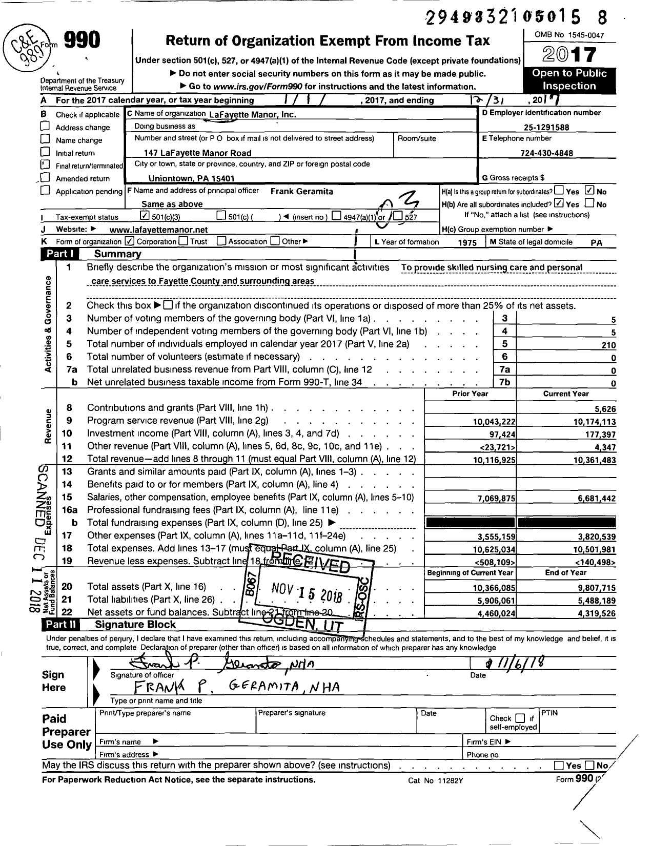 Image of first page of 2017 Form 990 for Lafayette Manor