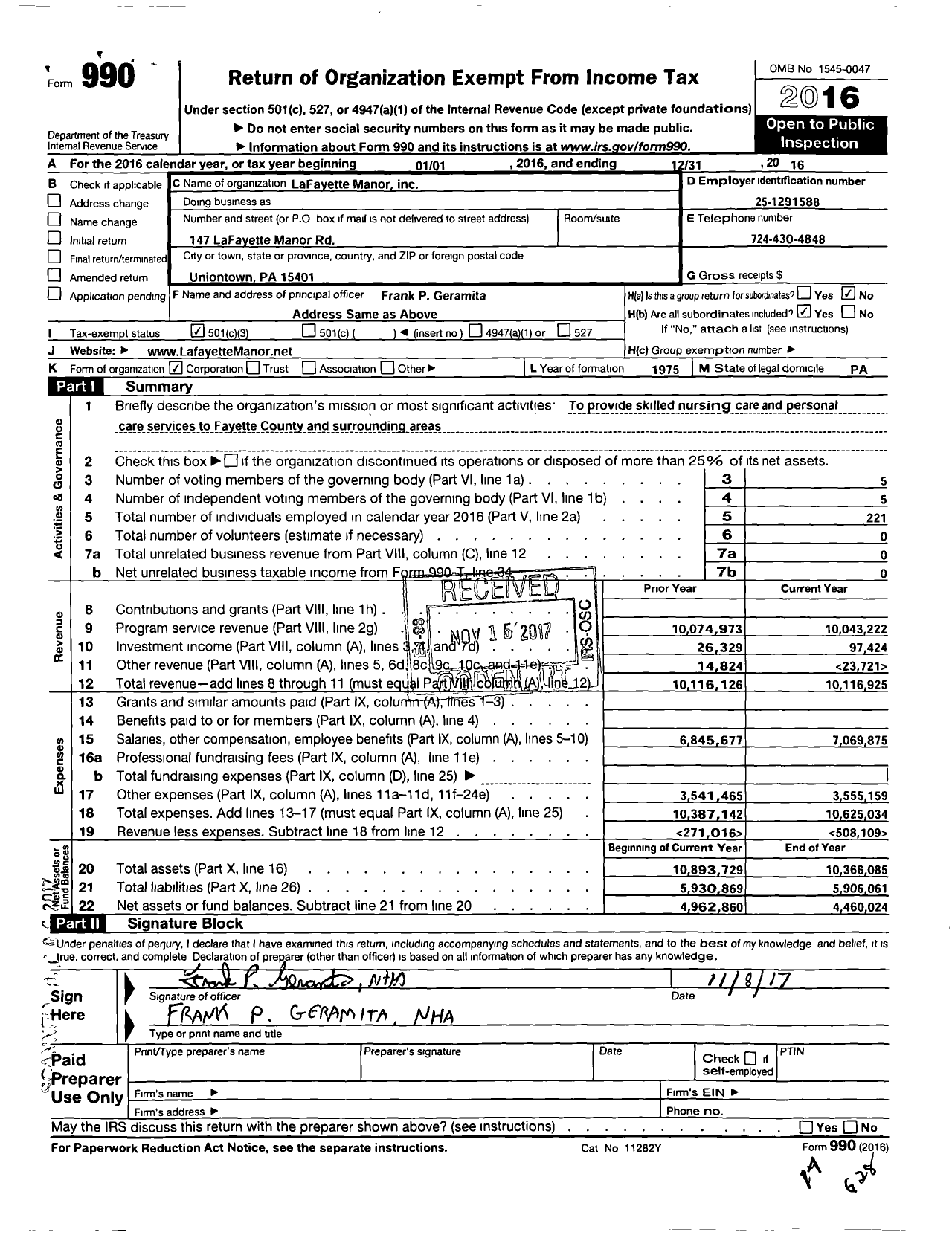 Image of first page of 2016 Form 990 for Lafayette Manor