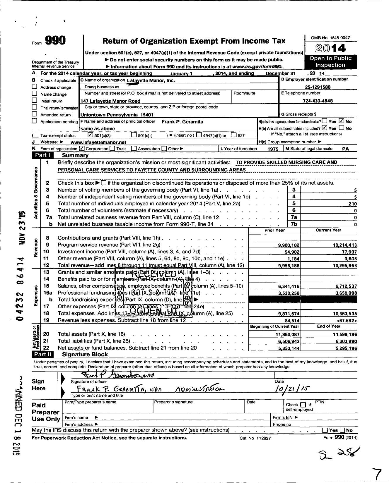 Image of first page of 2014 Form 990 for Lafayette Manor