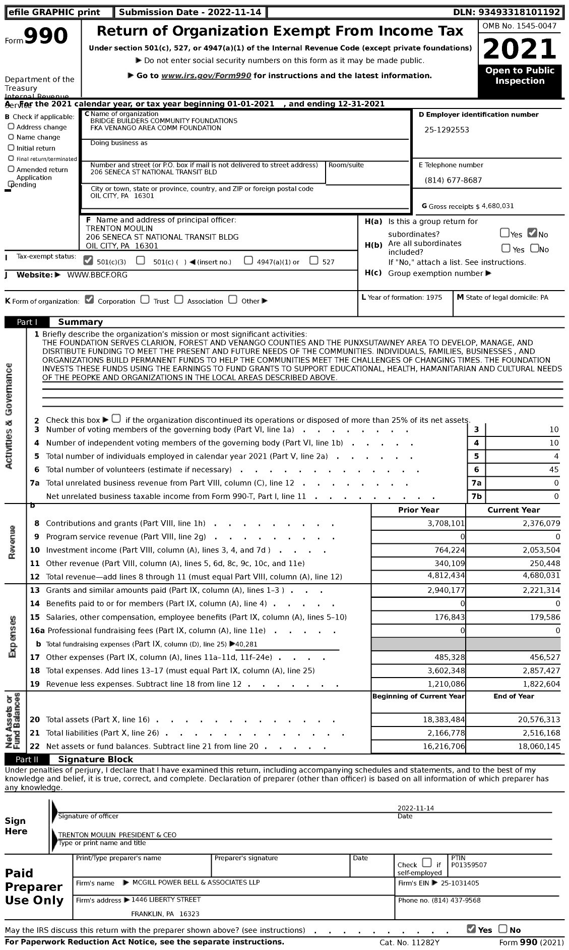 Image of first page of 2021 Form 990 for BRIDGE BUILDERS COMMUNITY FOUNDATIONs