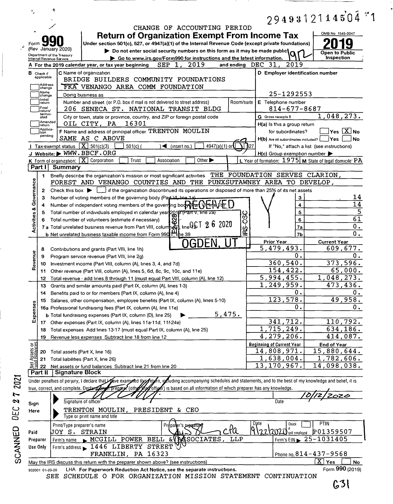 Image of first page of 2019 Form 990 for BRIDGE BUILDERS COMMUNITY FOUNDATIONs