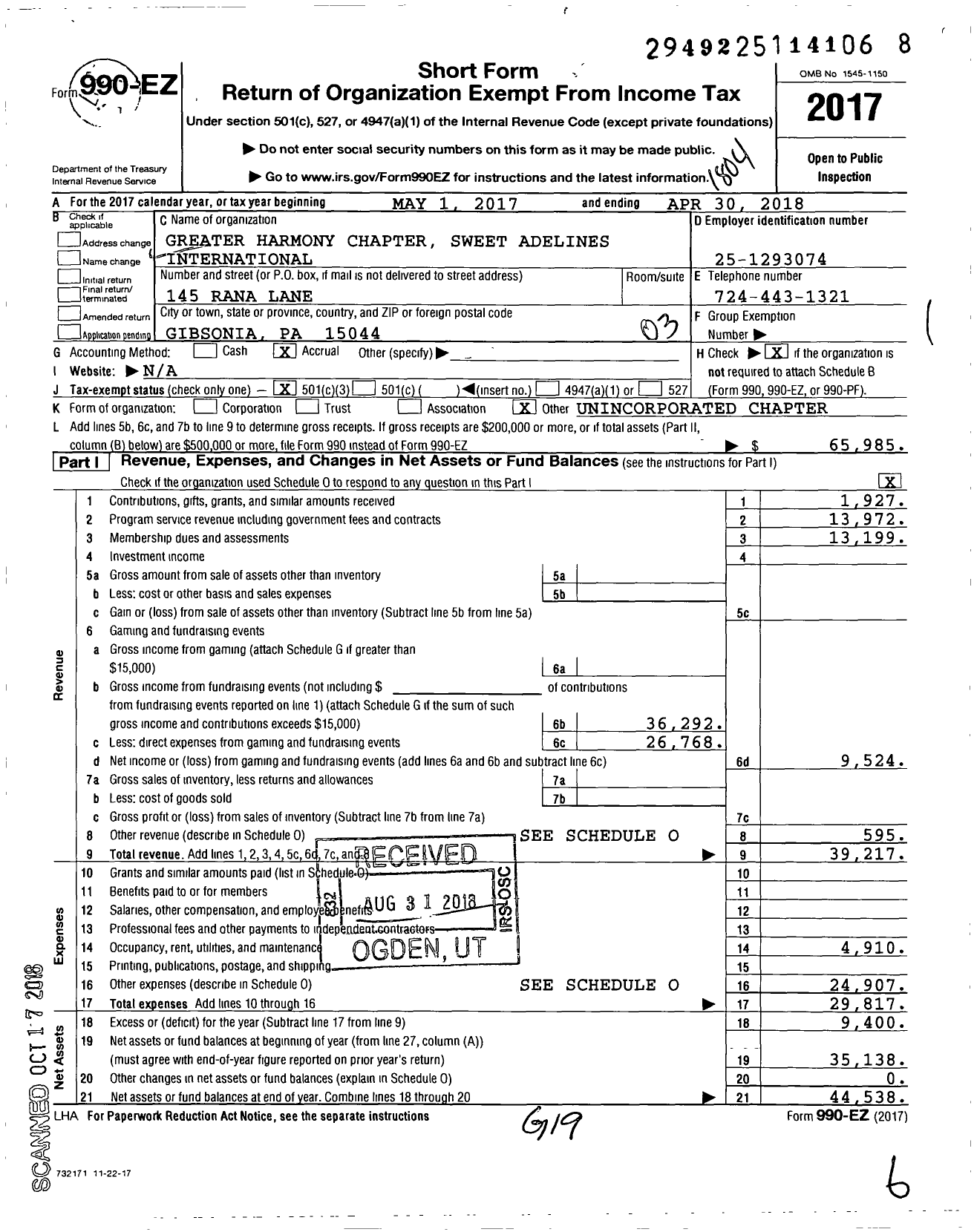 Image of first page of 2017 Form 990EZ for Sweet Adelines International - Greater Harmony