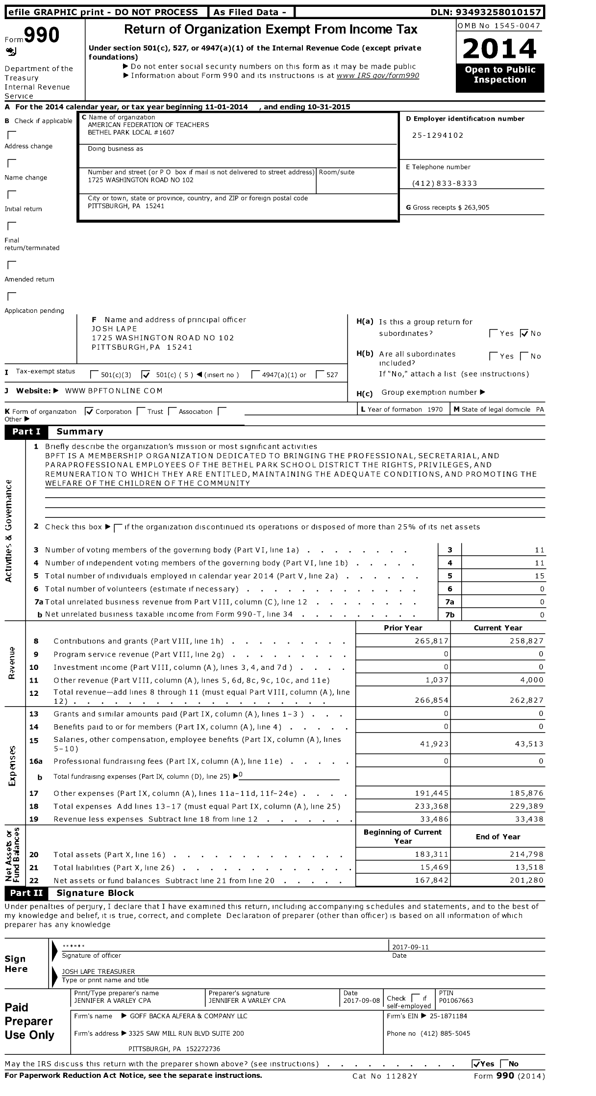 Image of first page of 2014 Form 990O for American Federation of Teachers - 1607 Bethel Park