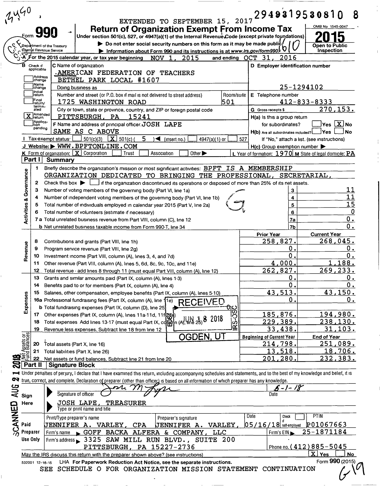 Image of first page of 2015 Form 990O for American Federation of Teachers - 1607 Bethel Park