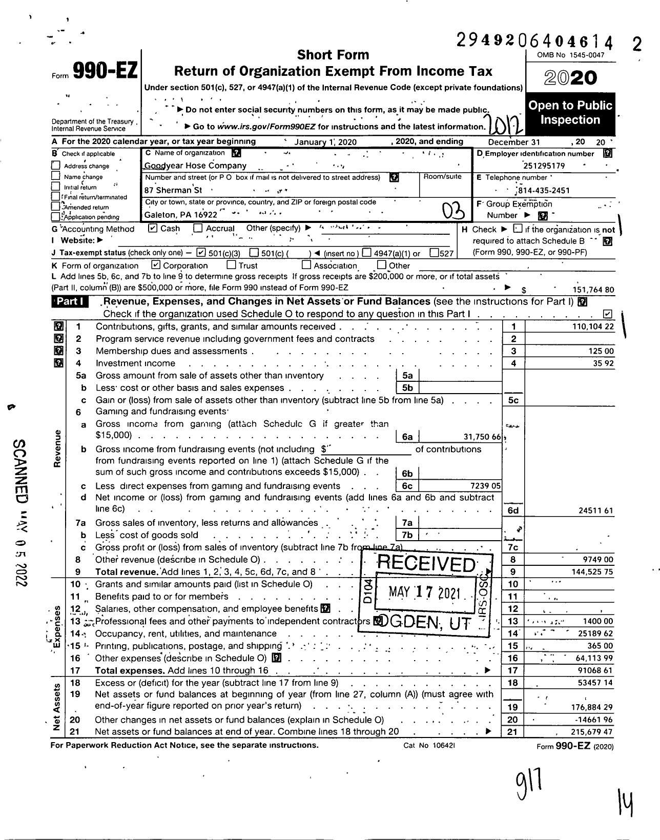 Image of first page of 2020 Form 990EZ for Goodyear Hose Company