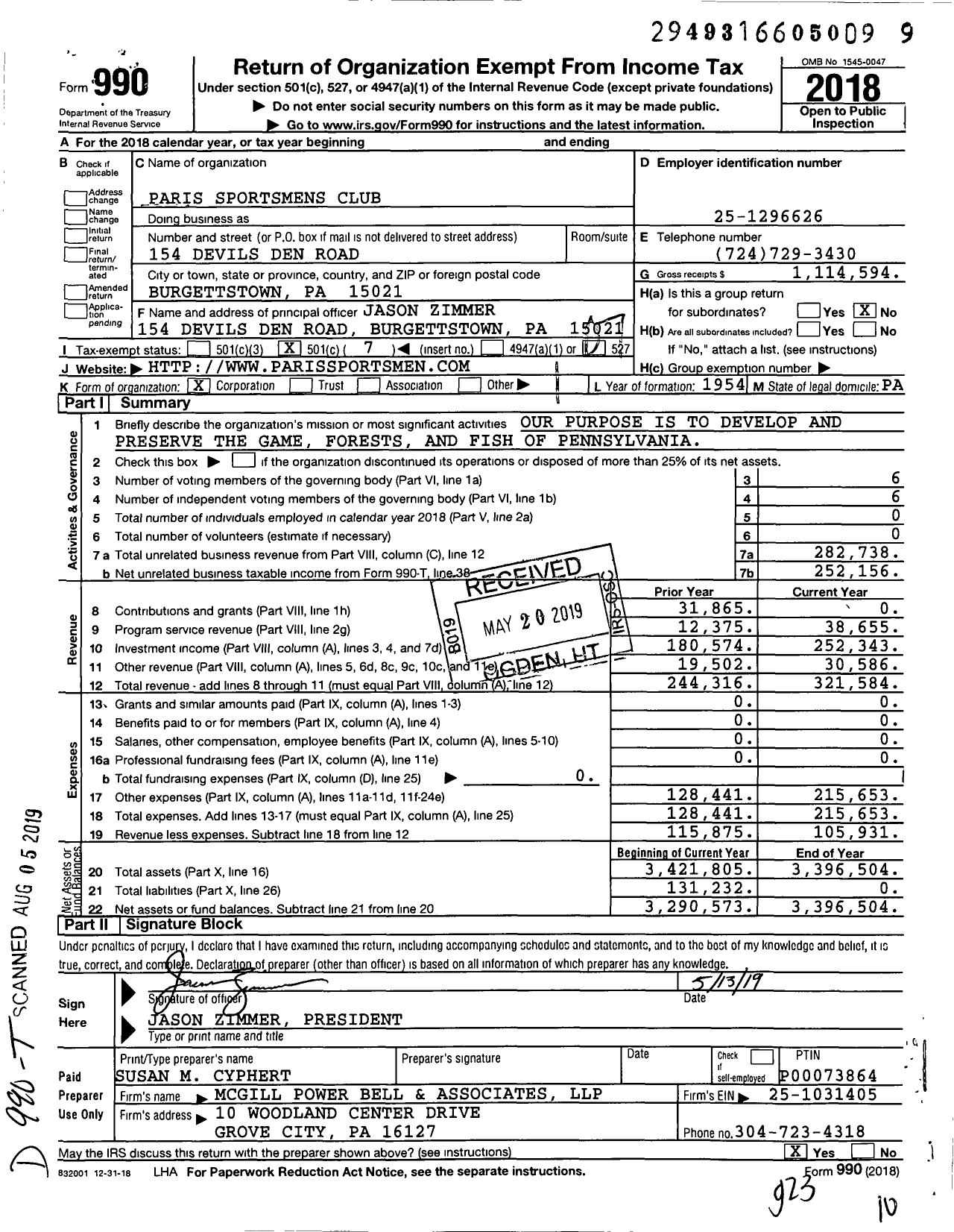 Image of first page of 2018 Form 990O for Paris Sportsmens Club