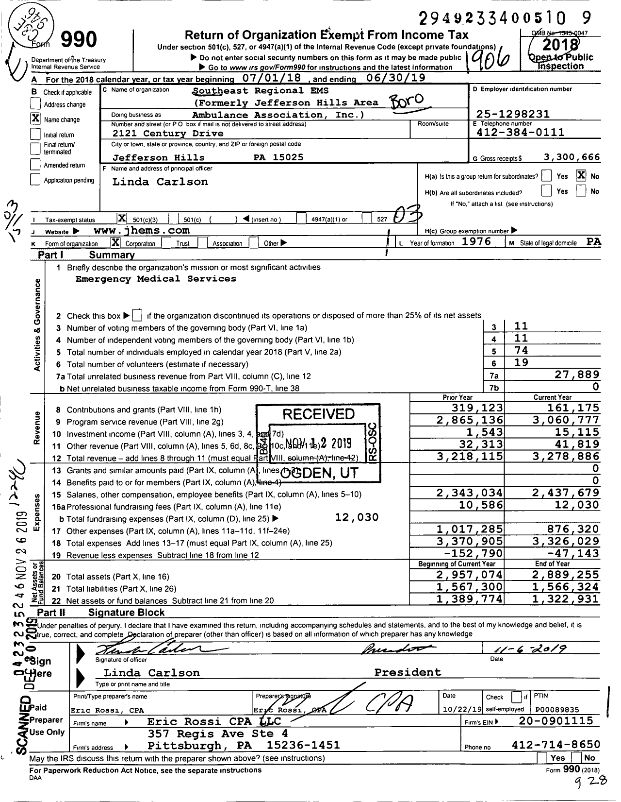 Image of first page of 2018 Form 990 for Southeast Regional Ems