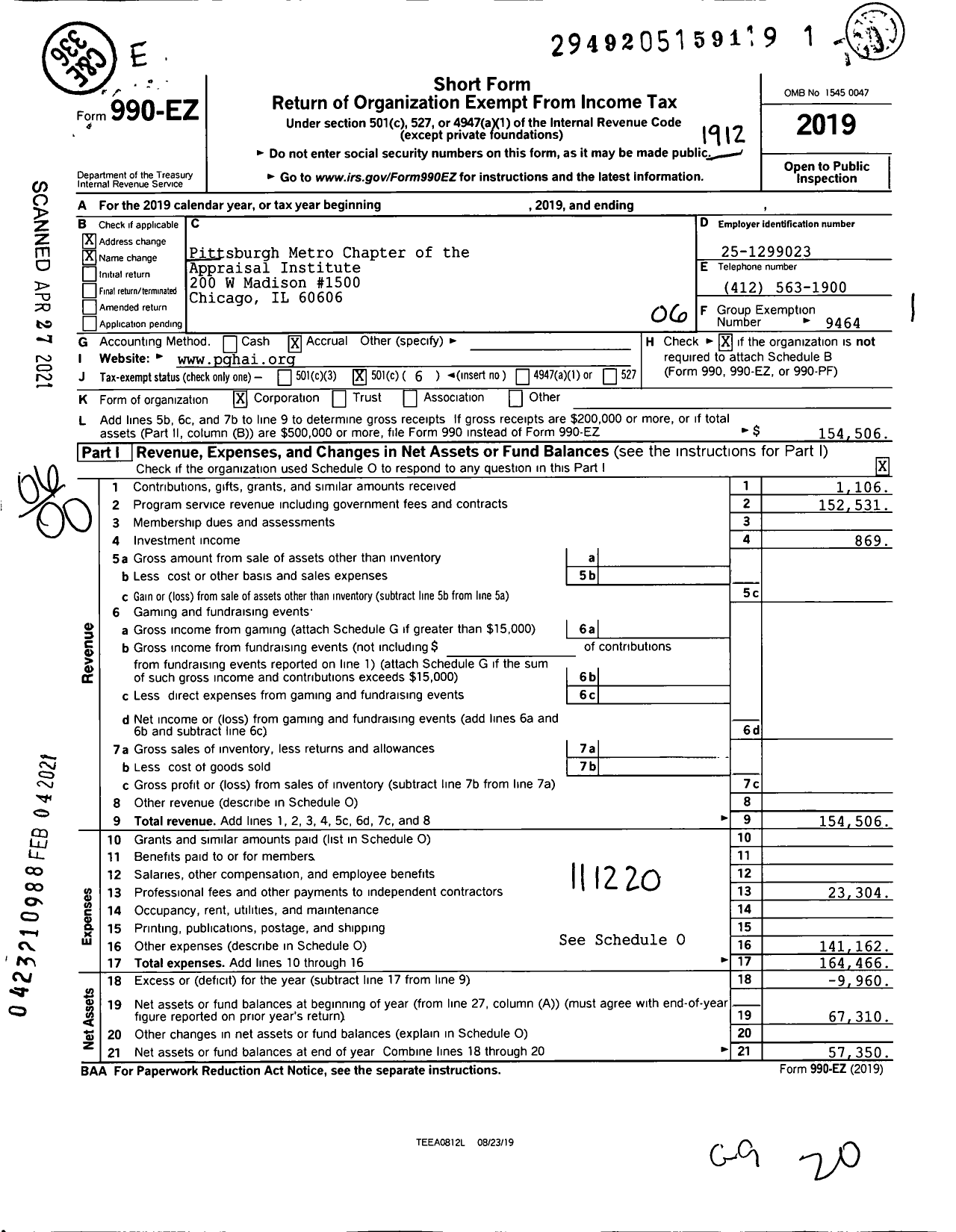 Image of first page of 2019 Form 990EO for Western Pennsylvania Chapter of the Appraisal Institute