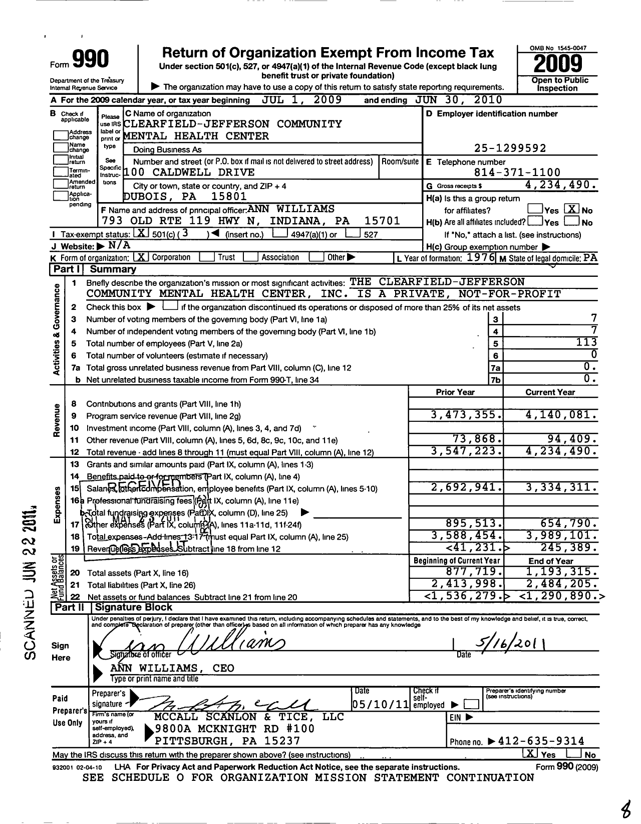 Image of first page of 2009 Form 990 for Clearfield-Jefferson Community Mental Health Center