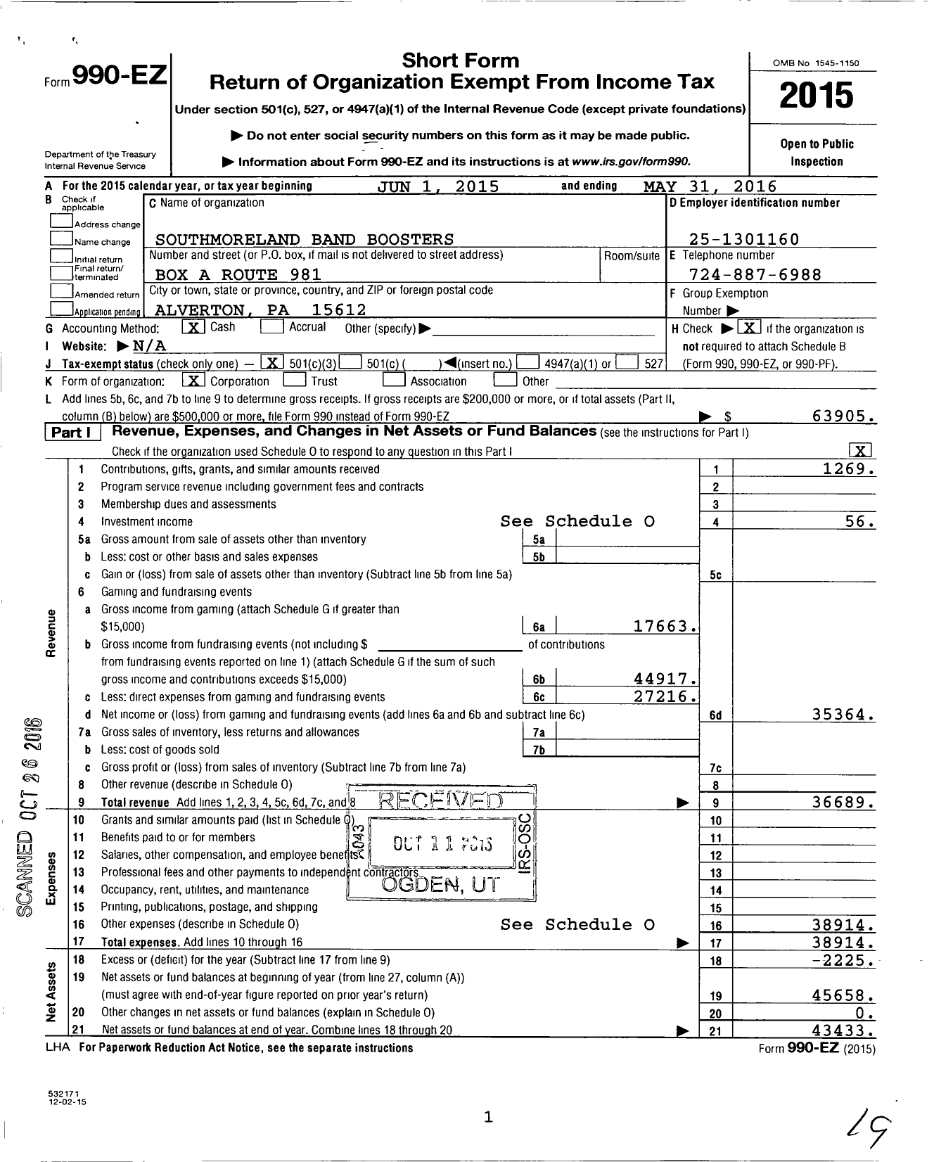 Image of first page of 2015 Form 990EZ for Southmoreland Band Boosters