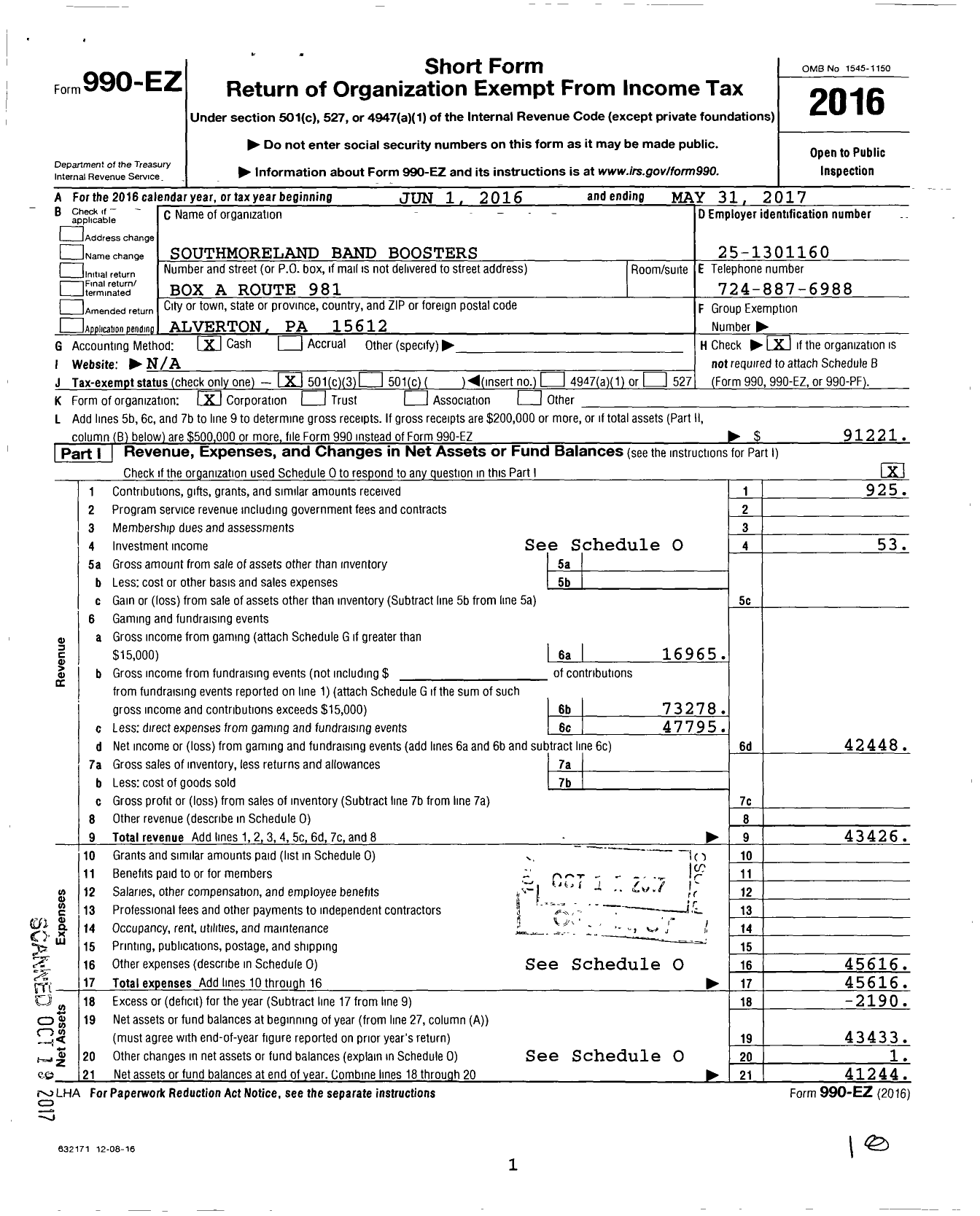 Image of first page of 2016 Form 990EZ for Southmoreland Band Boosters