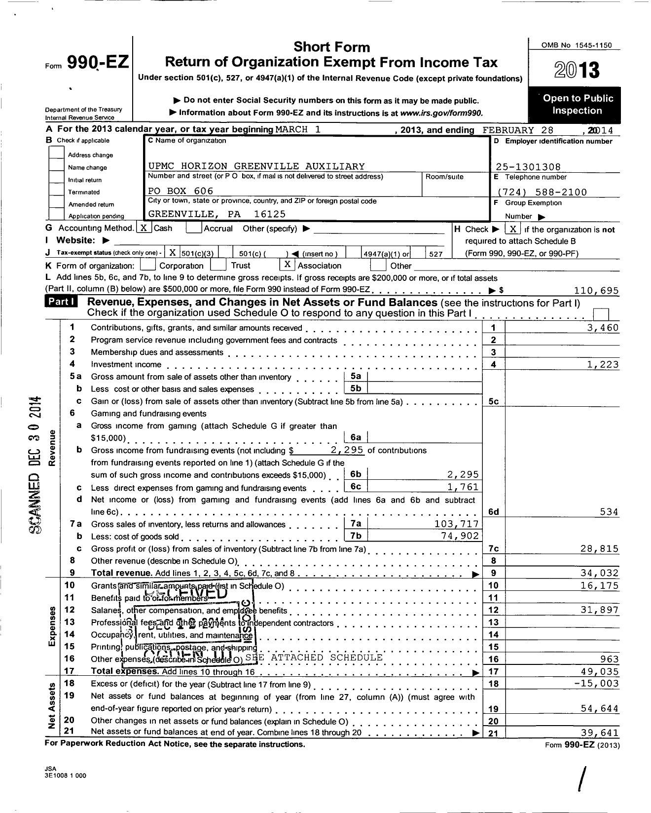 Image of first page of 2013 Form 990EZ for Upmc Horizon Greenville Auxiliary