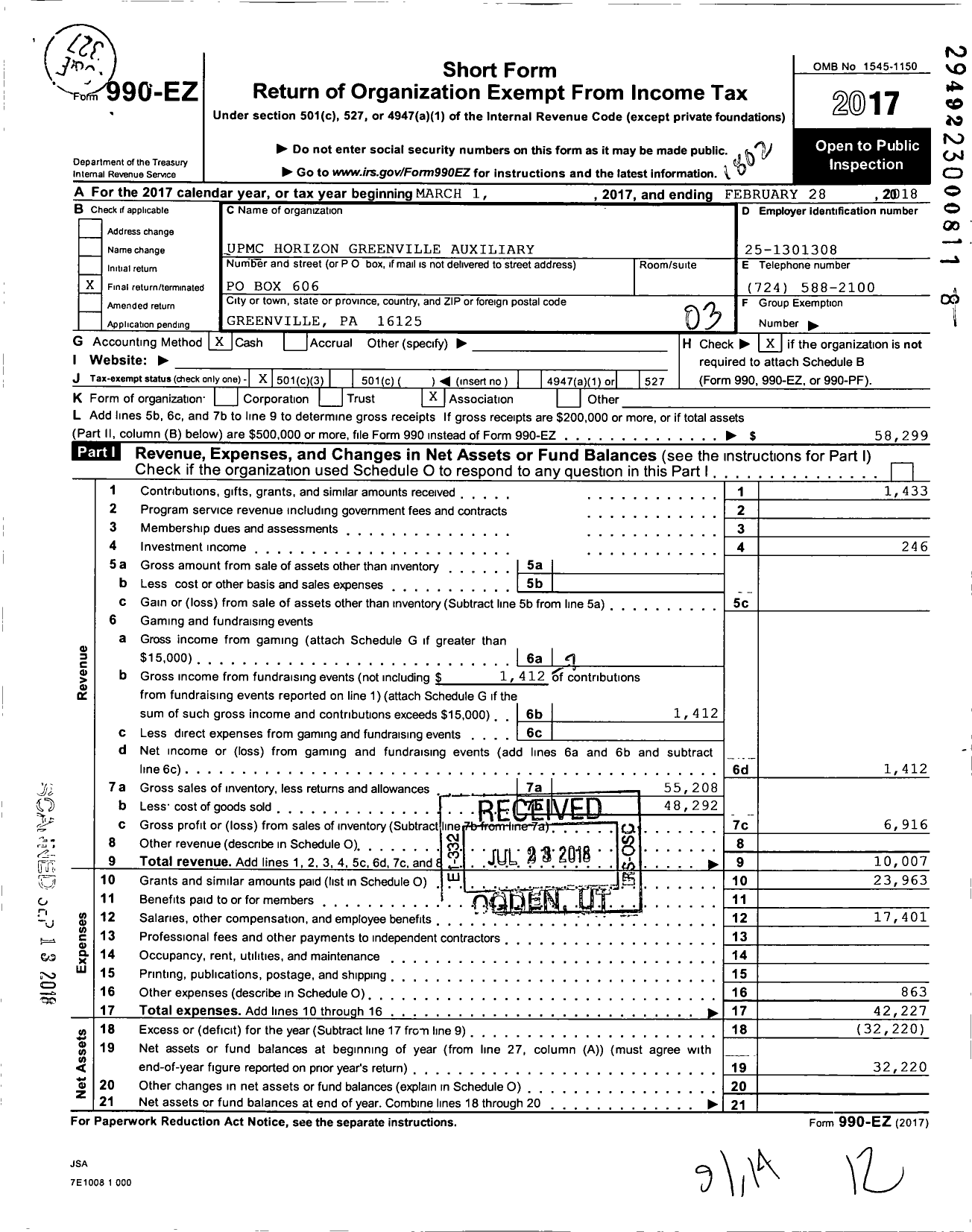 Image of first page of 2017 Form 990EZ for Upmc Horizon Greenville Auxiliary