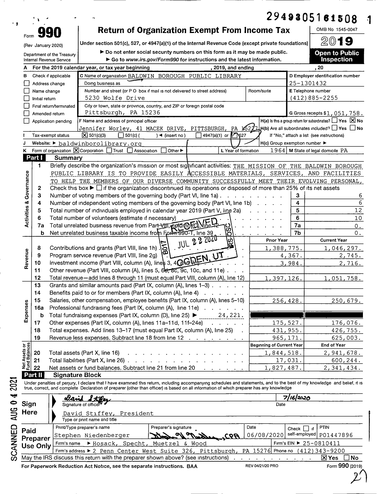 Image of first page of 2019 Form 990 for Baldwin Borough Public Library