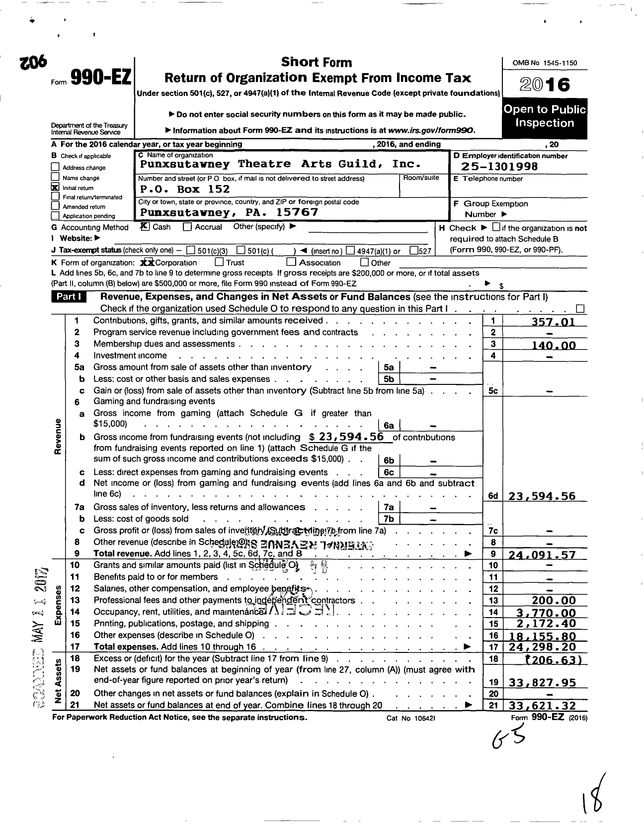 Image of first page of 2016 Form 990EO for Punxsutawney Theatre Arts Guild