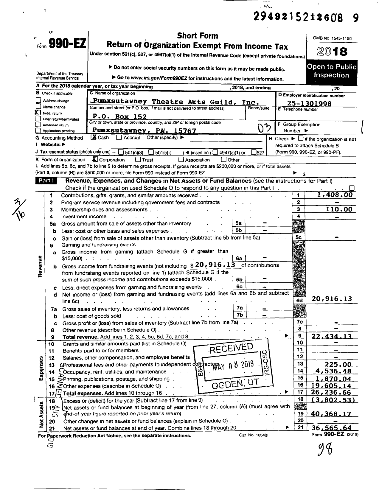 Image of first page of 2018 Form 990EZ for Punxsutawney Theatre Arts Guild