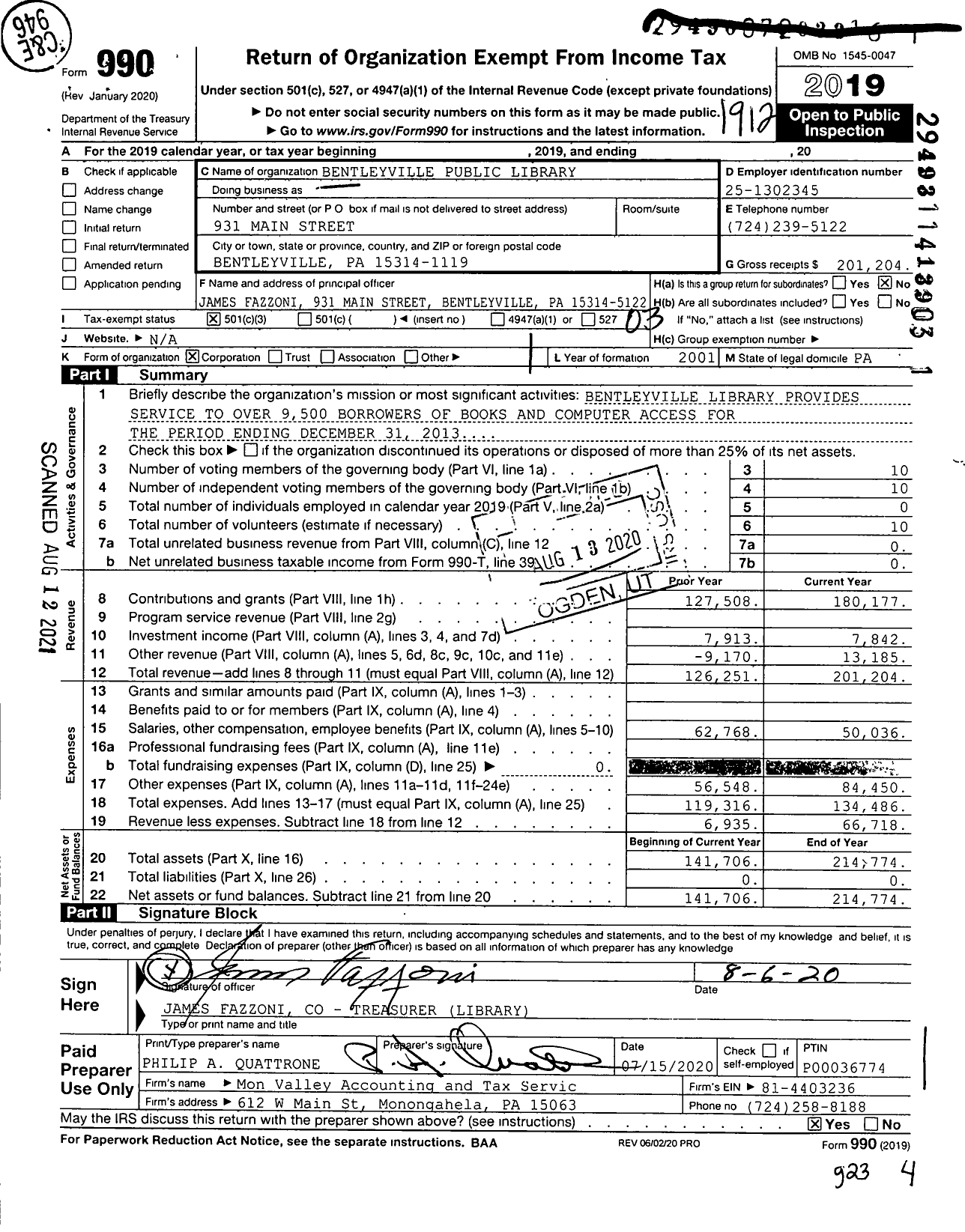 Image of first page of 2019 Form 990 for Bentleyville Public Library