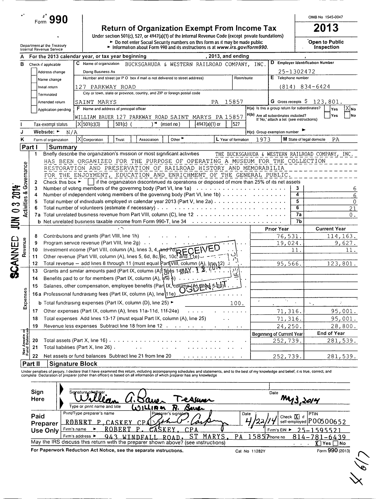 Image of first page of 2013 Form 990 for Bucksgahuda and Western Railroad Company