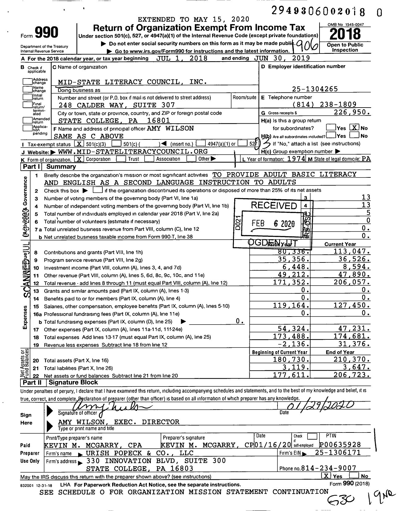 Image of first page of 2018 Form 990 for Mid-State Literacy Council