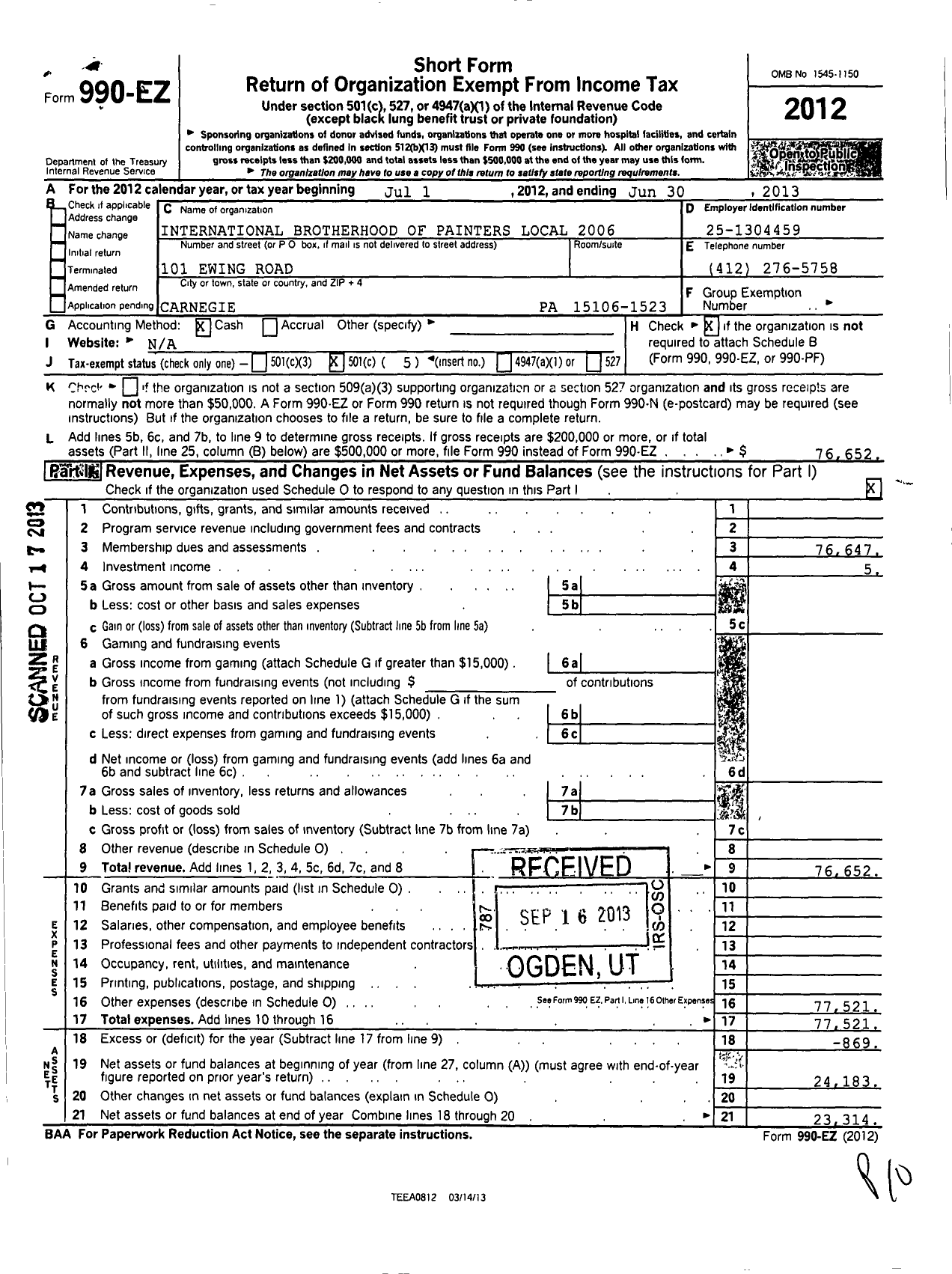 Image of first page of 2012 Form 990EO for International Union of Painters and Allied Trades - 2006 Drywall Finishers Local Union