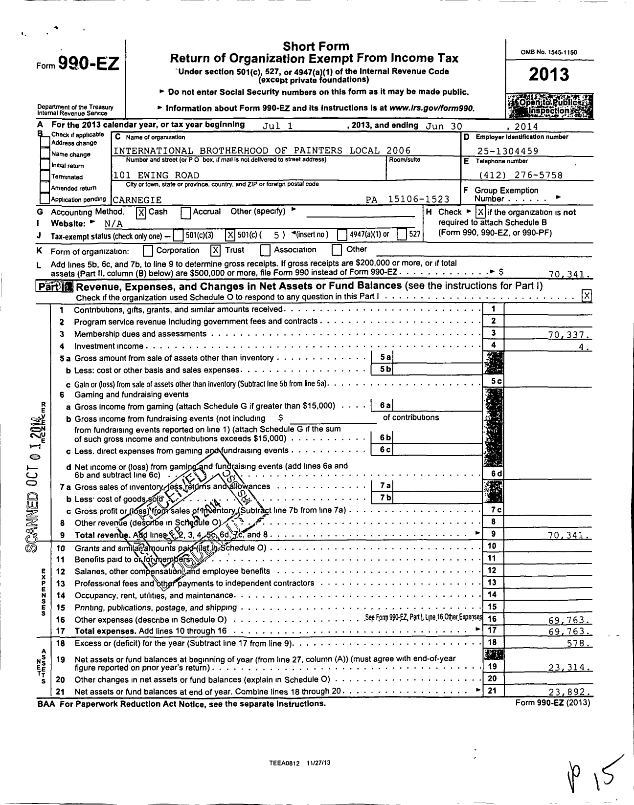 Image of first page of 2013 Form 990EO for International Union of Painters and Allied Trades - 2006 Drywall Finishers Local Union