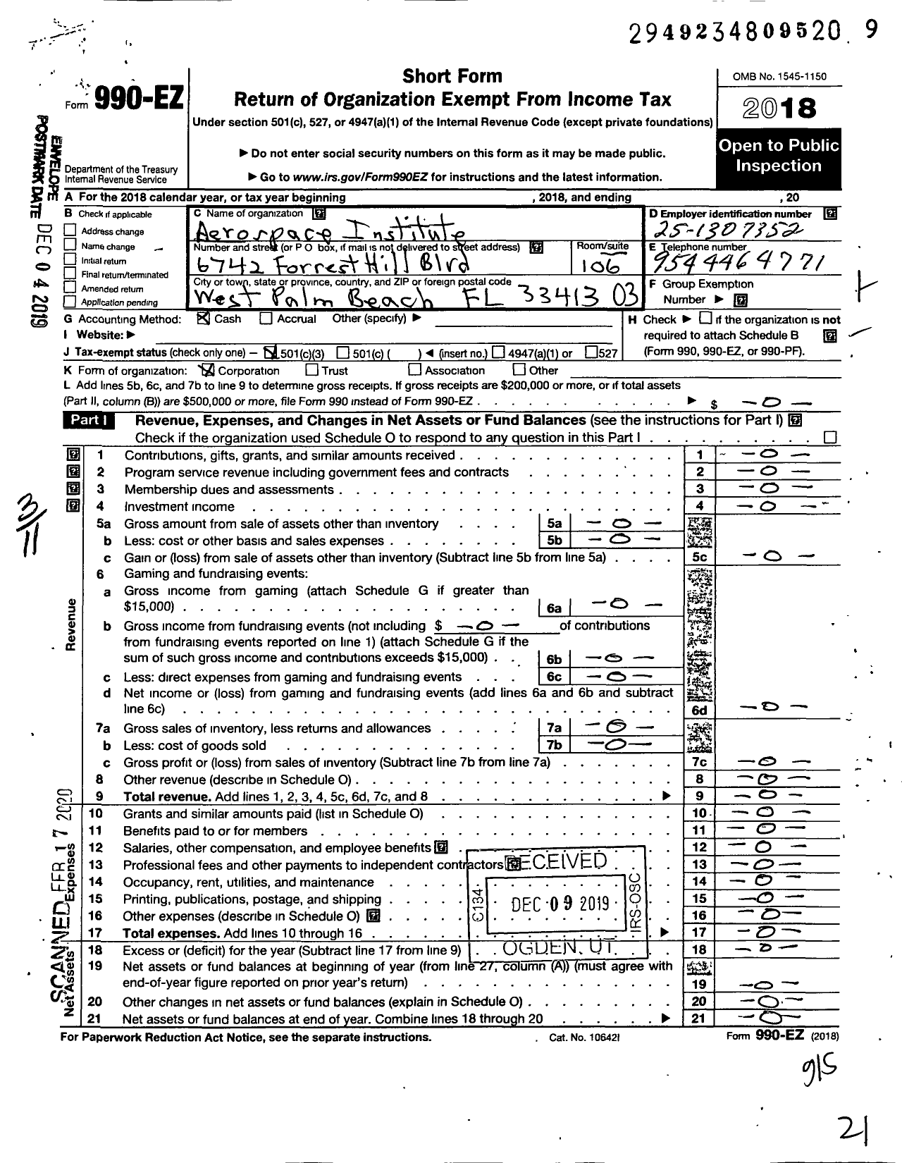 Image of first page of 2018 Form 990EZ for Aerospace Institute