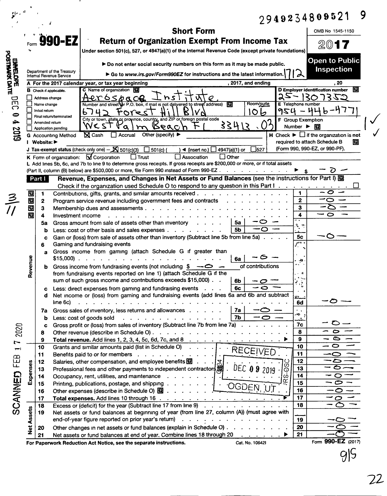 Image of first page of 2017 Form 990EZ for Aerospace Institute