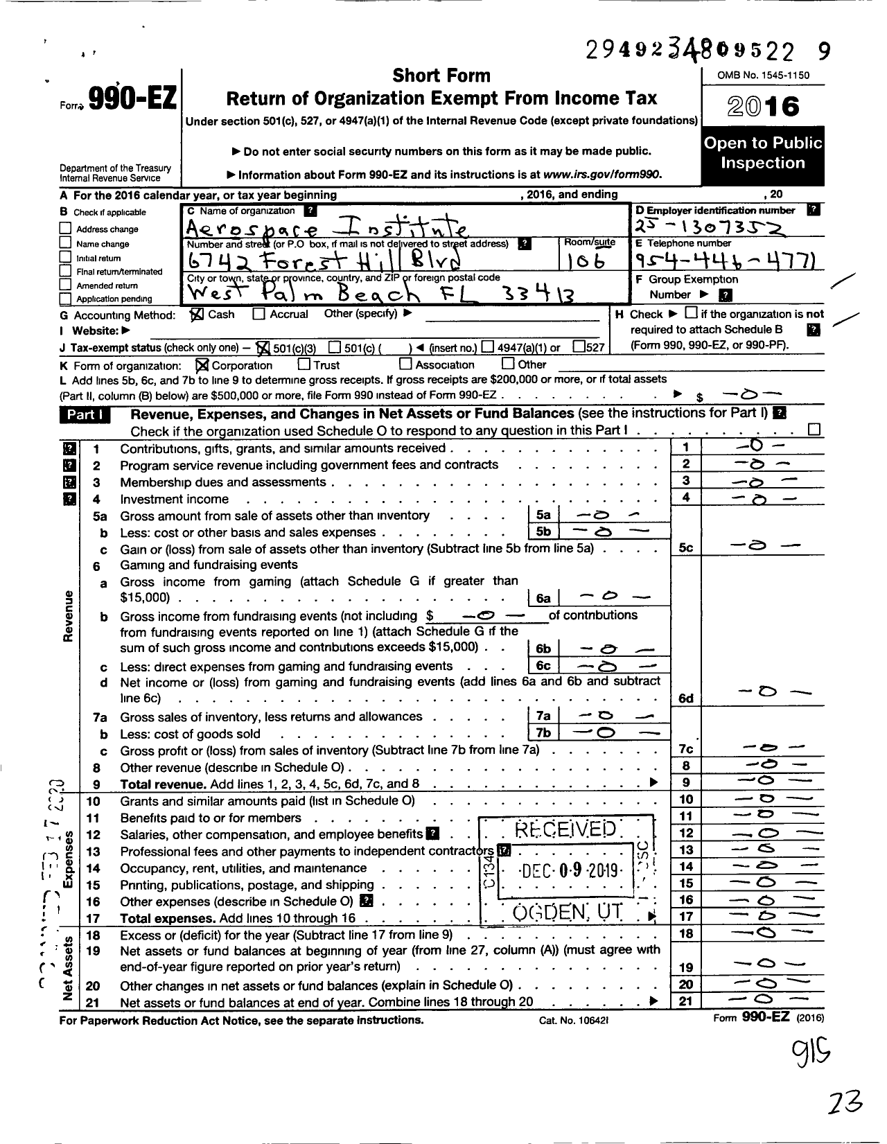 Image of first page of 2016 Form 990EZ for Aerospace Institute